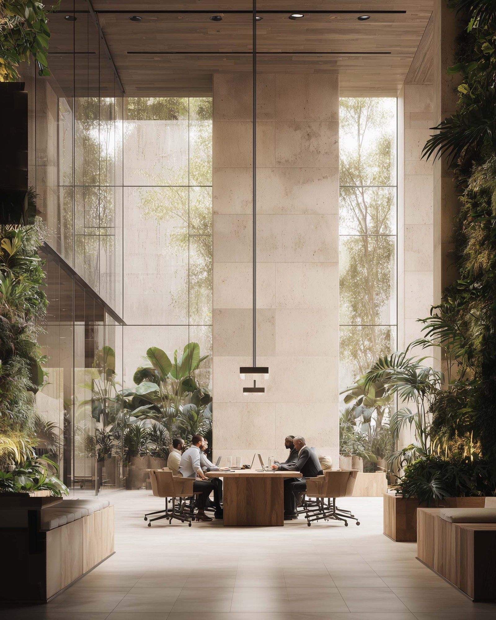 Contemporary biophilic office space designed to restore focus and well-being after remote work, with indoor–outdoor transitions and natural materials