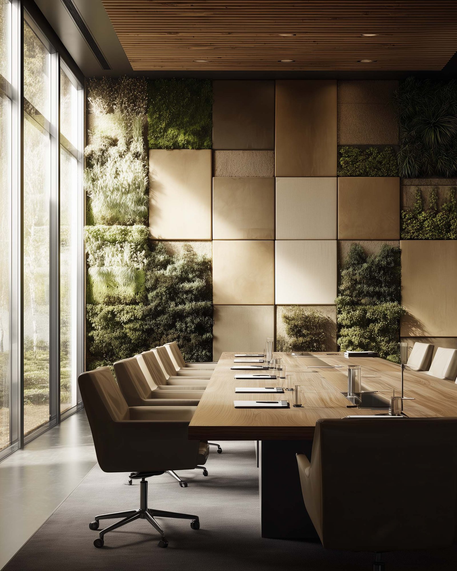 Contemporary biophilic office space designed to restore focus and well-being after remote work, with indoor–outdoor transitions and natural materials