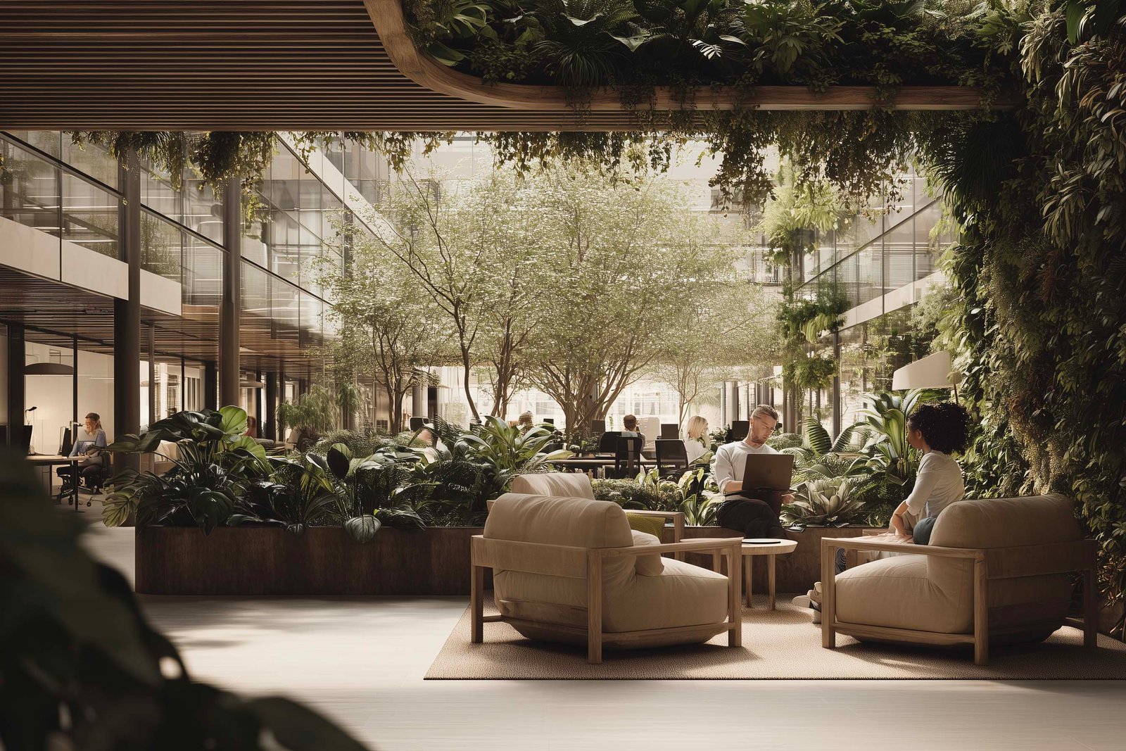 Collaborative corporate lounge designed with measurable biophilic principles