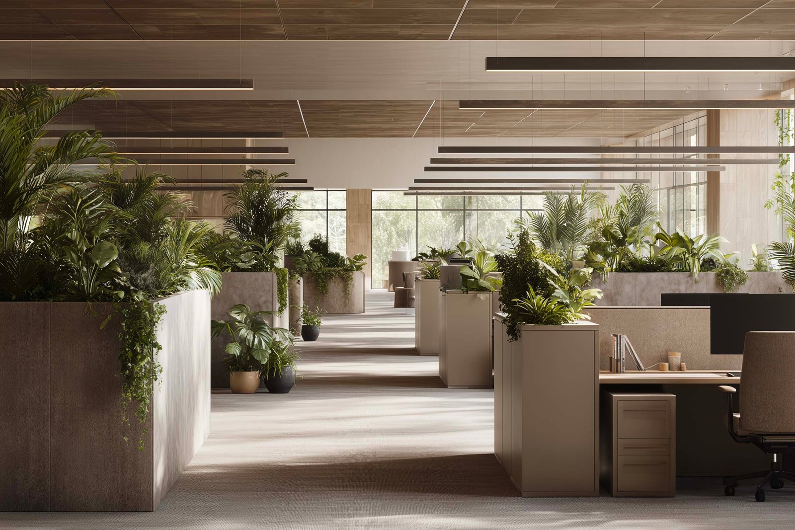 Scalable biophilic office design with modular botanical architecture in California