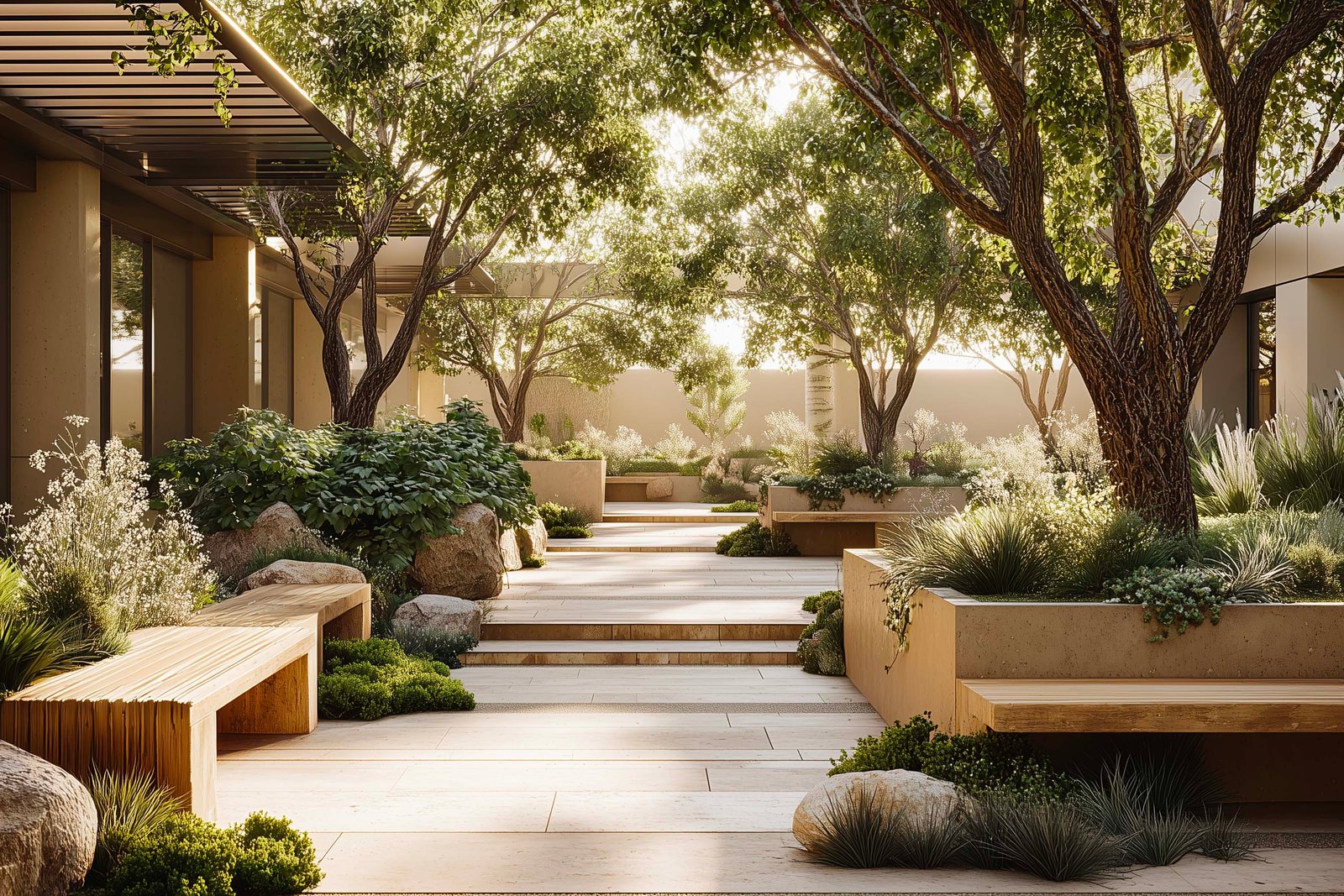 Therapeutic terrace for group reflection with restrained botanical integration