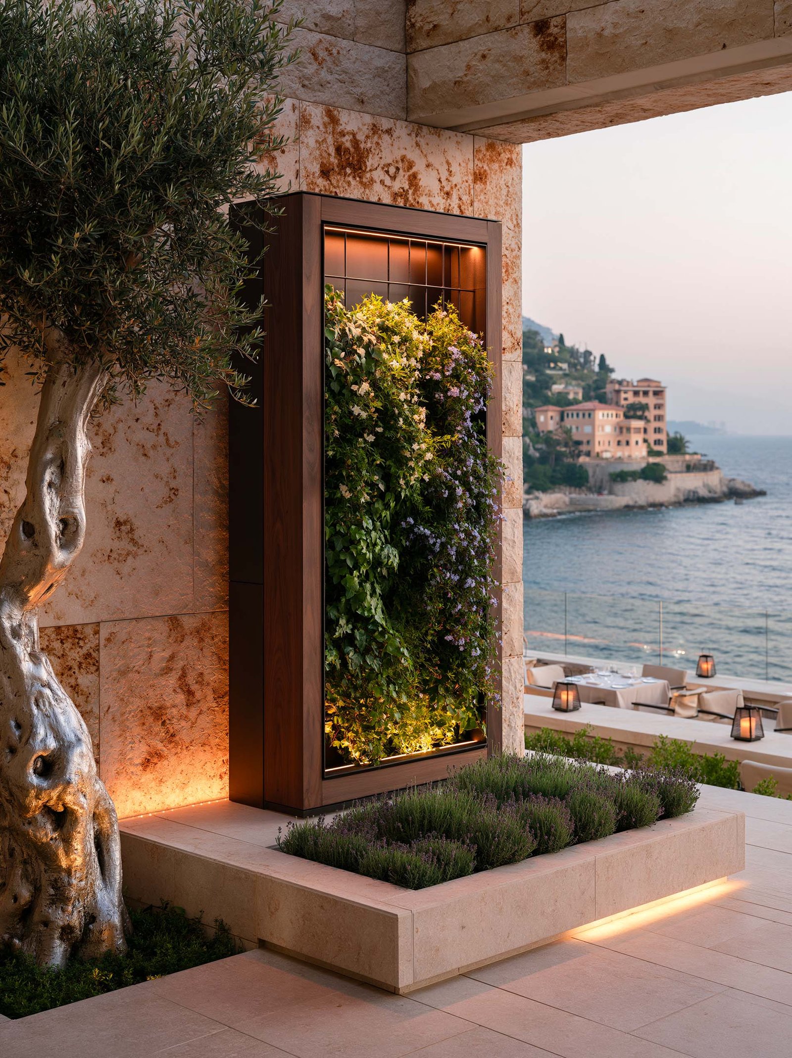 Intelligence botanique en site méditerranéen — terrasse de villa de Cap-Ferrat, module Hortus Velum extérieur en Acciaio Brunito