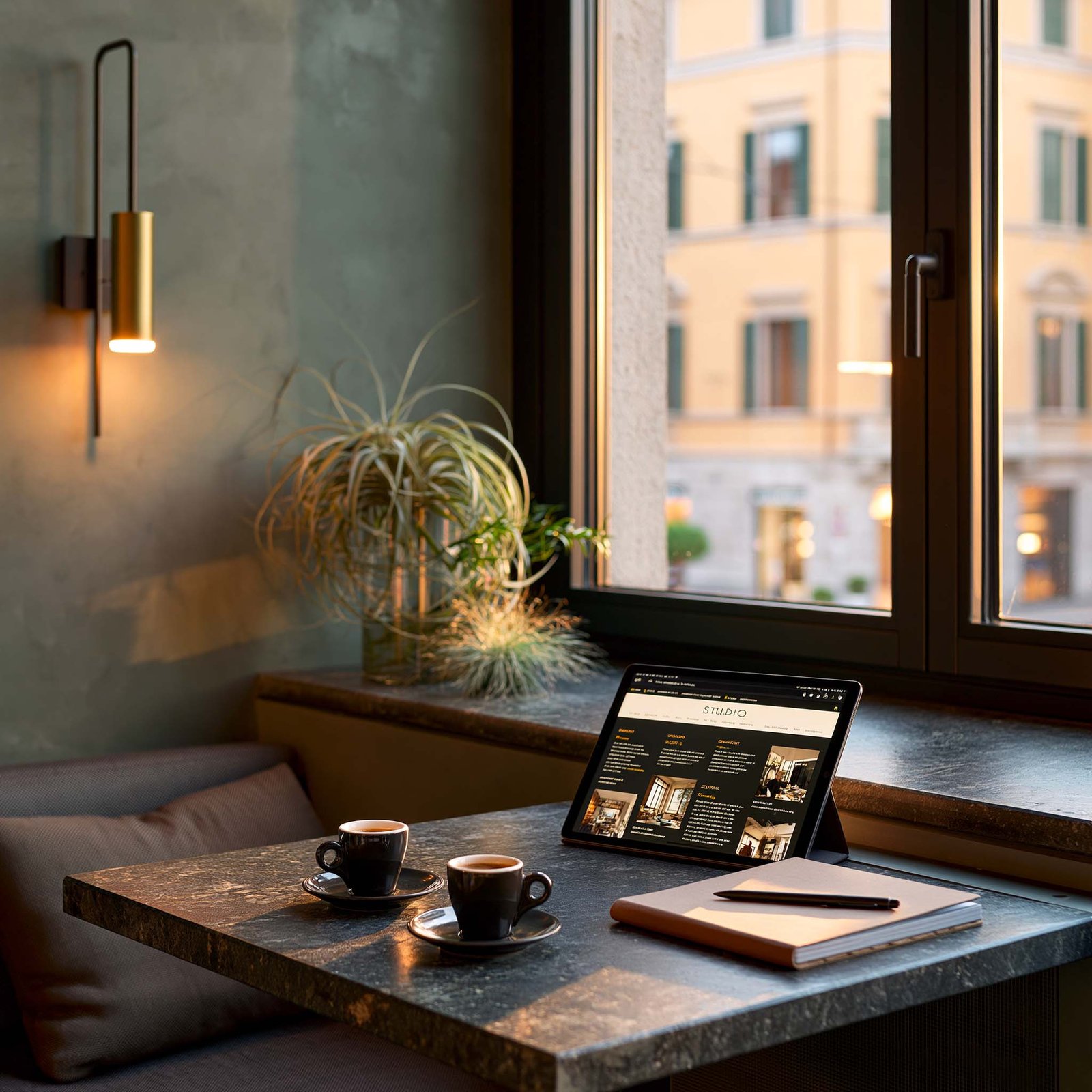 Contact — un moment d’échange autour d’un café, le site du studio sur une tablette, un Rhipsalis en pot et un mur en pierre claire à applique laiton, lumière douce d’une grande baie ouverte sur une façade méditerranéenne, pour engager le dialogue et les collaborations — Paracelsus Gardens™