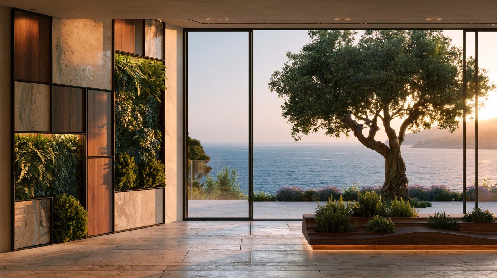 Cap-Ferrat — séjour-galerie d’une villa contemporaine ouvert sur une terrasse méditerranéenne, Hortus Velum™ Porta en ossature Acciaio Brunito à composition de quinconce non uniforme aérée dont les cellules ouvertes laissent passer la lumière et la mer, panneaux nobles variés en Pietra Serena, travertin, micro-béton, verre dépoli et laiton, caissons végétaux différenciés en accents — Stipa tenuissima, Asplenium scolopendrium, Rhipsalis — jardinière Lignum™ Wave d’aromatiques au sol, un seul Olea europaea en accent sur la terrasse face à la Mer Méditerranée — Paracelsus Gardens™
