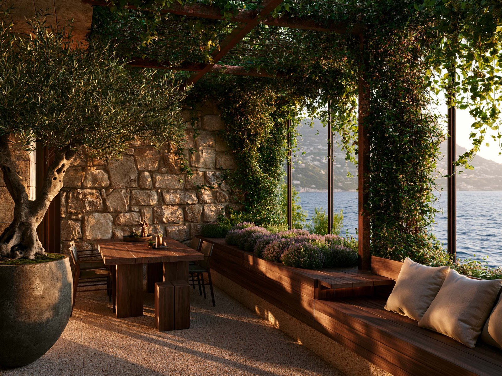 Contexte bord de mer Riviera — terrasse en surplomb, oliviers, lavandes et vue sur la baie