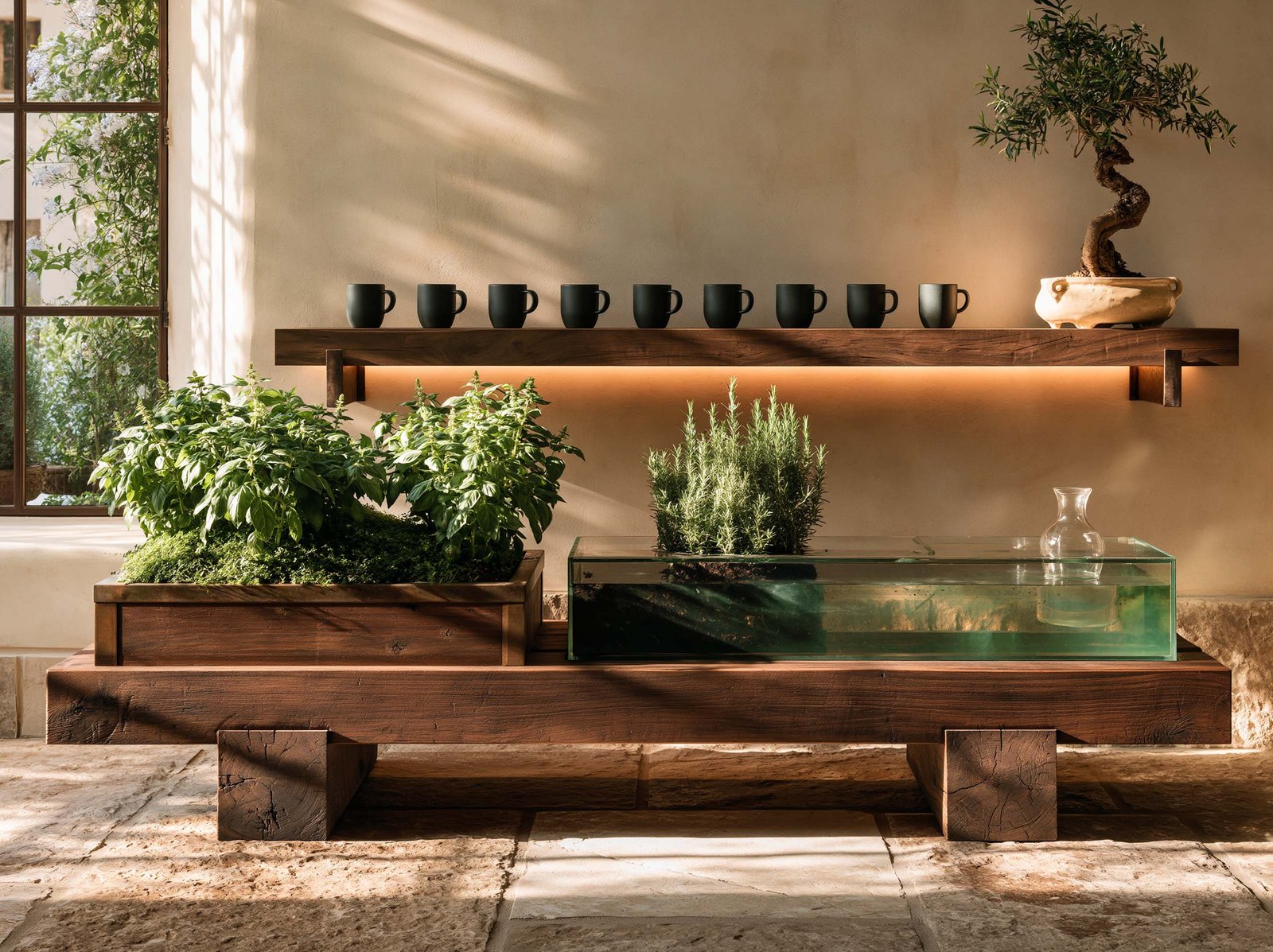 Étude Apotheca — module aromatique récoltable et bac d'eau pour l'expérimentation botanique