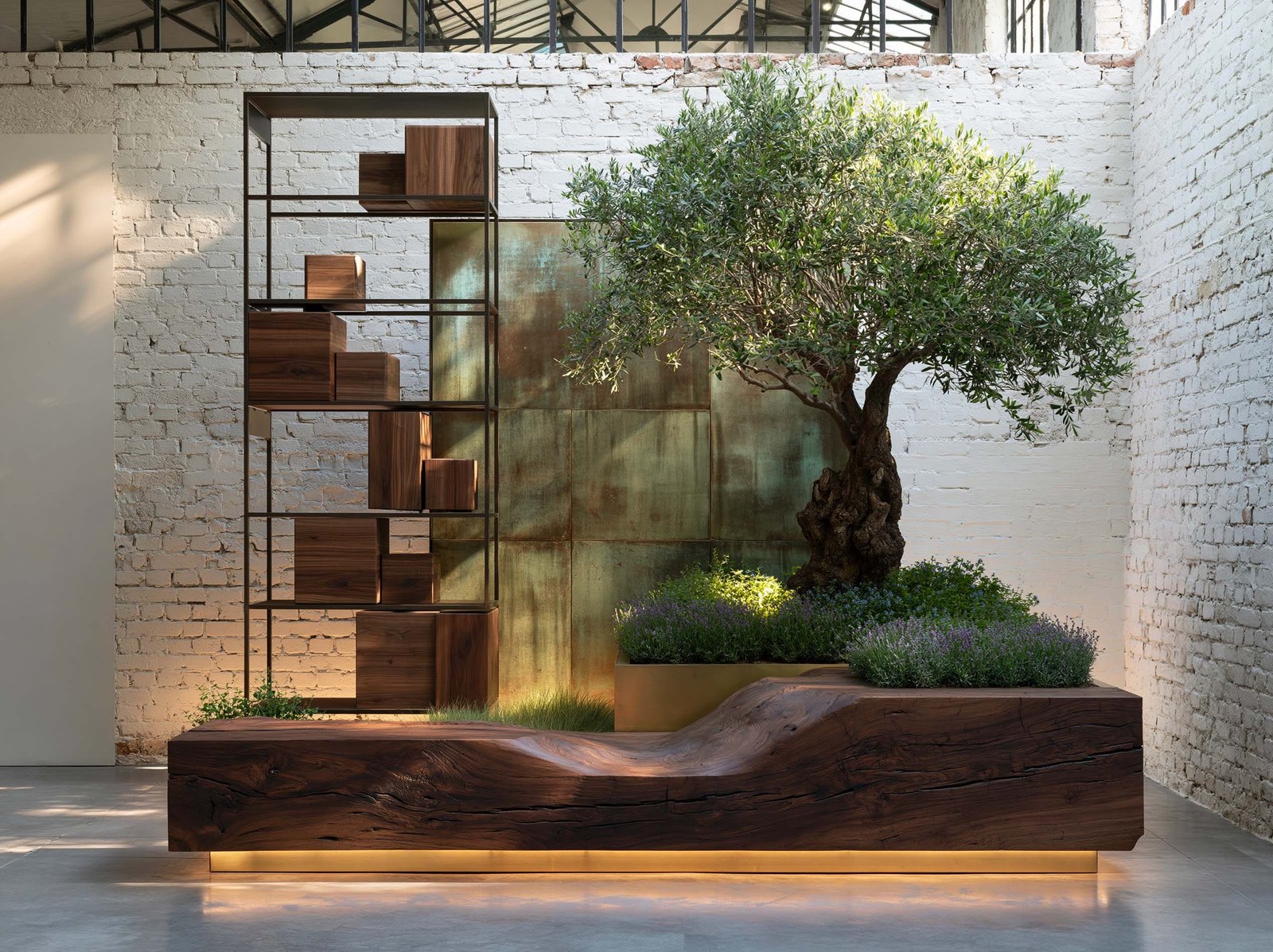 Étude de composition — trio Hortus Velum™, Lignum et Apotheca en dialogue spatial