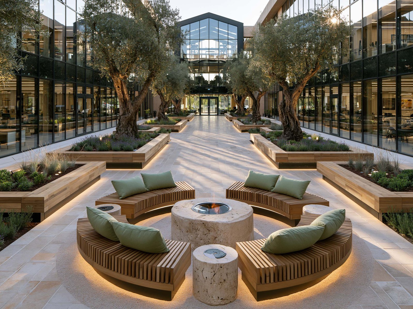 Jardin intérieur d’un campus tertiaire en Côte d’Azur — cœur architectural végétal entre les ailes de bureaux