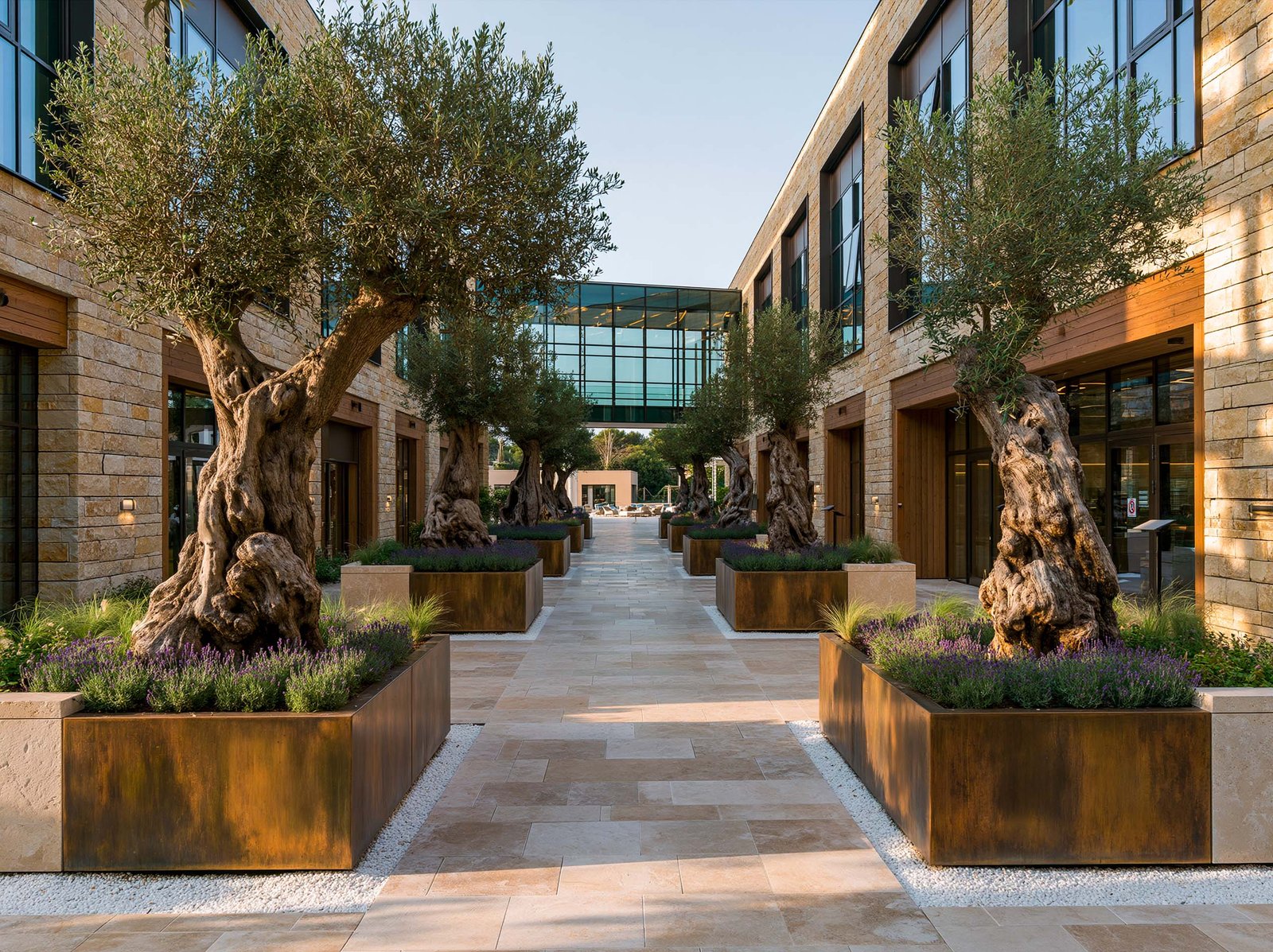 Campus tertiaire à Sophia-Antipolis — cour intérieure, oliviers centenaires et jardinières Juliet Riviera Classica