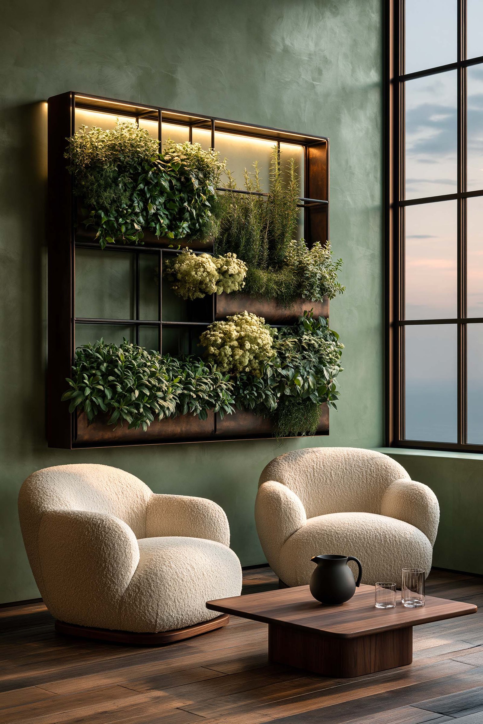 Repenser les environnements de travail — lounge corporate en Côte d’Azur, mur végétal en strates et lumière maîtrisée