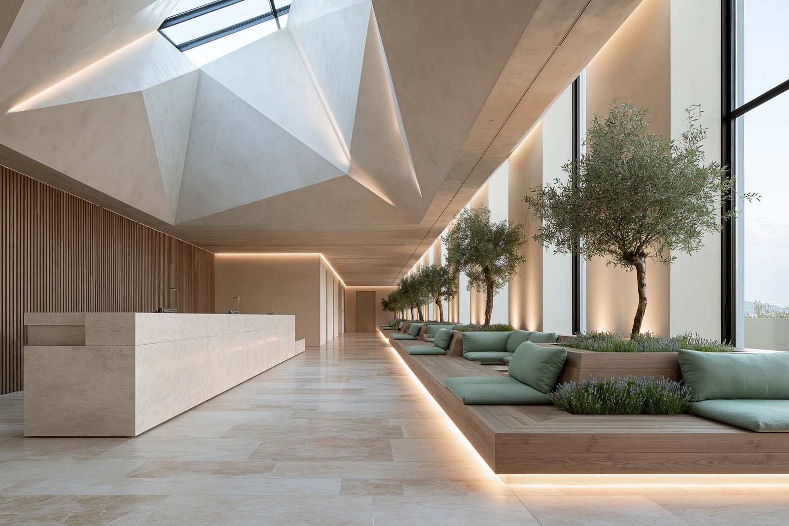 Choix stratégique de l’architecture botanique — lobby corporate sur la Côte d’Azur, double hauteur et verrière zénithale
