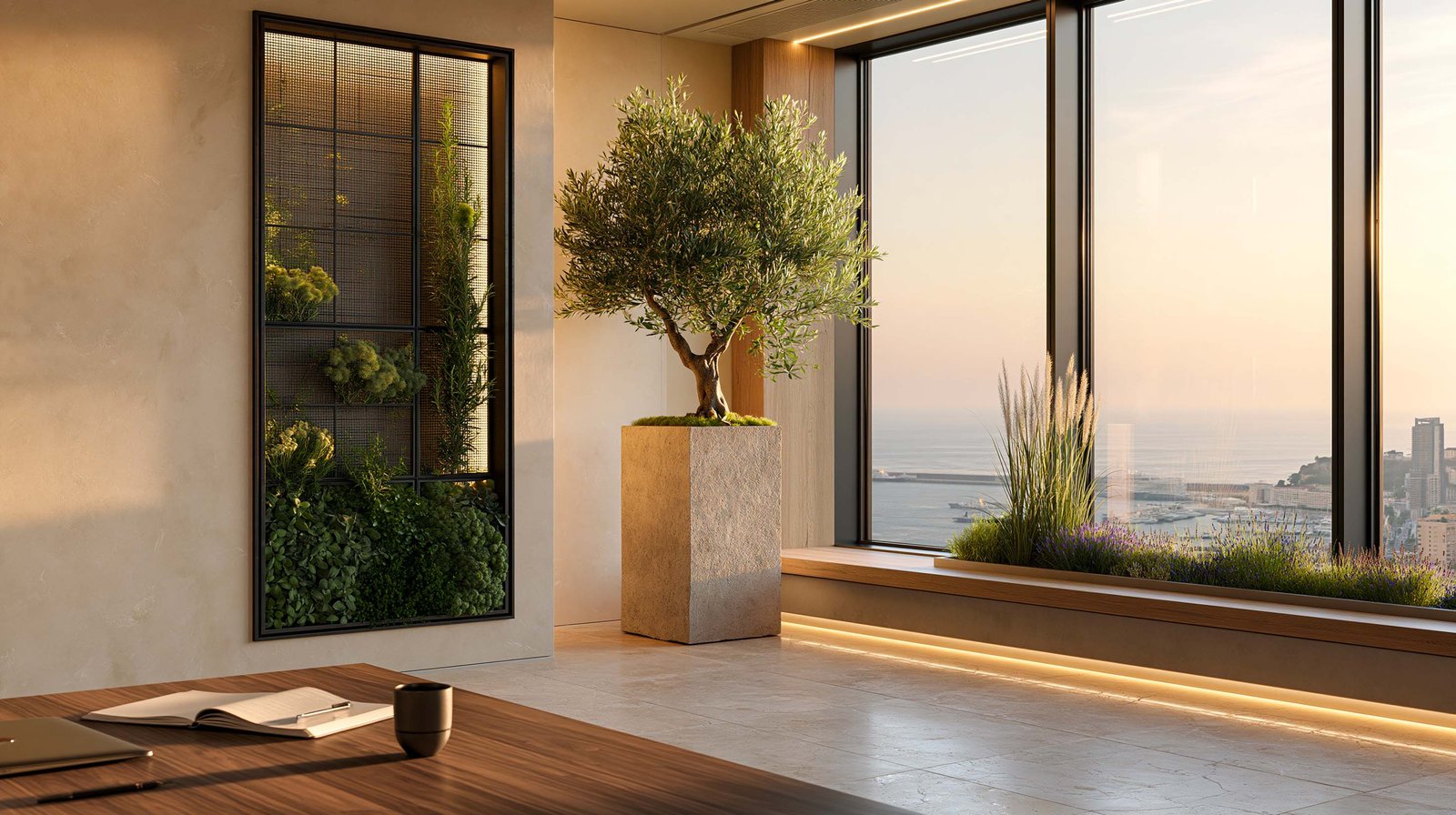 Bureau exécutif en hauteur à Monaco — vue mer, jardinière monolithe en micro-béton avec Olea europaea, mur végétal encadré et lumière méditerranéenne — Paracelsus Gardens