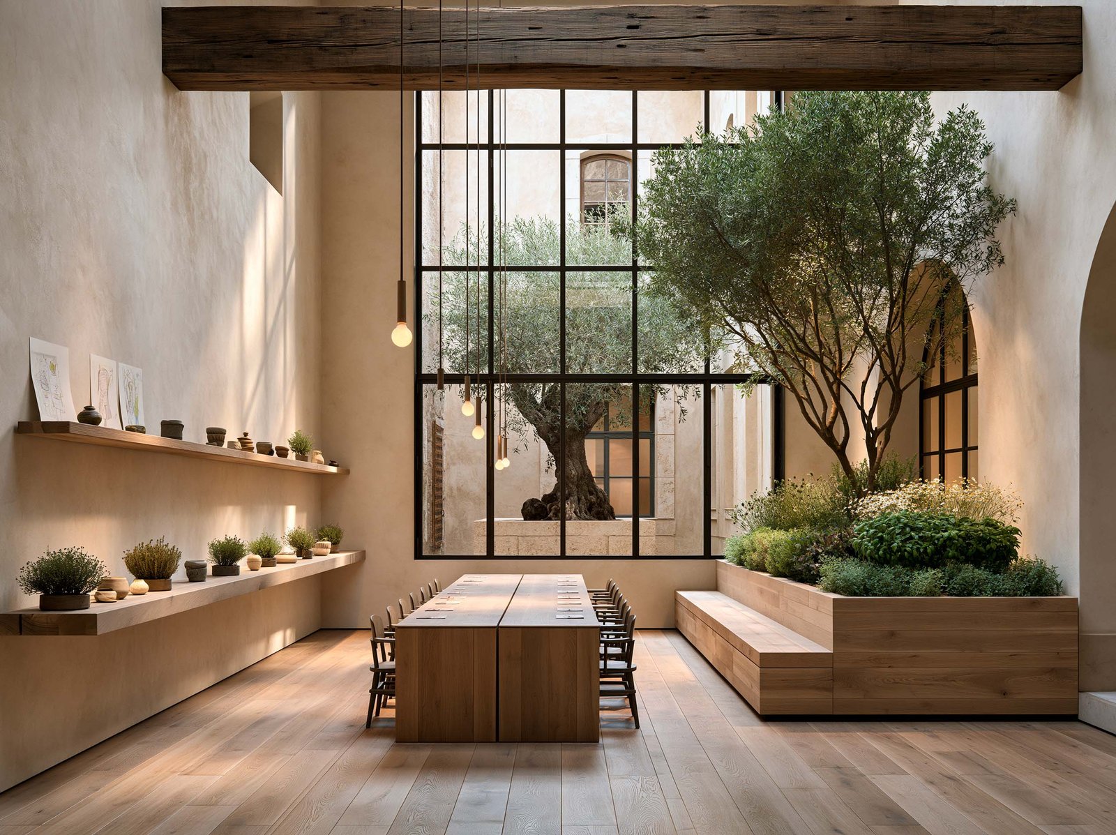 Espace éducatif en Côte d’Azur — salle de classe lumineuse en chêne thermotraîté avec jardinière intégrée et vue sur jardin méditerranéen