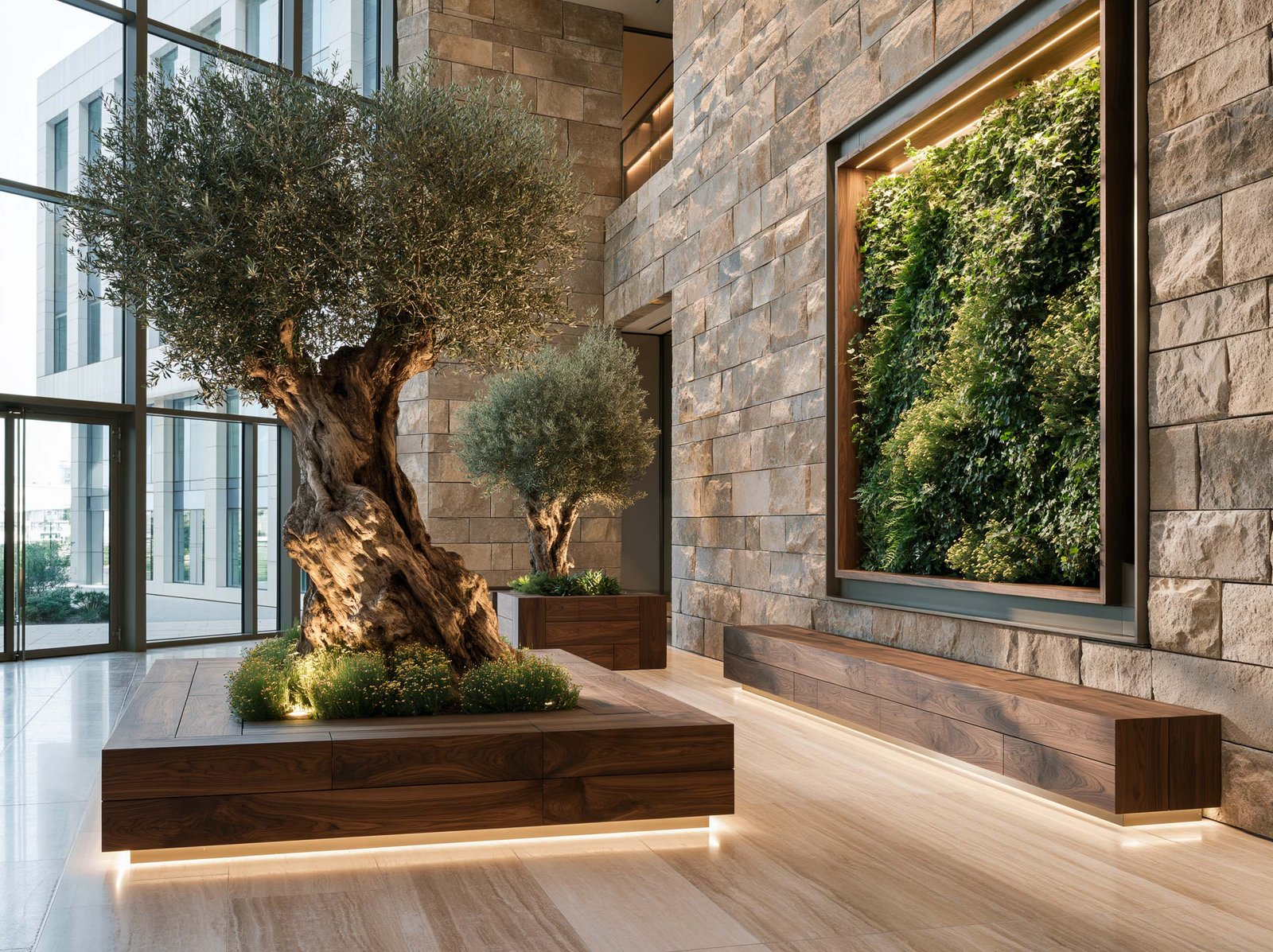 Lobby institutionnel à Monaco — Olea europaea centenaire dans jardinière Lignum Block Dark, banquette intégrée et mur végétal vertical encadré
