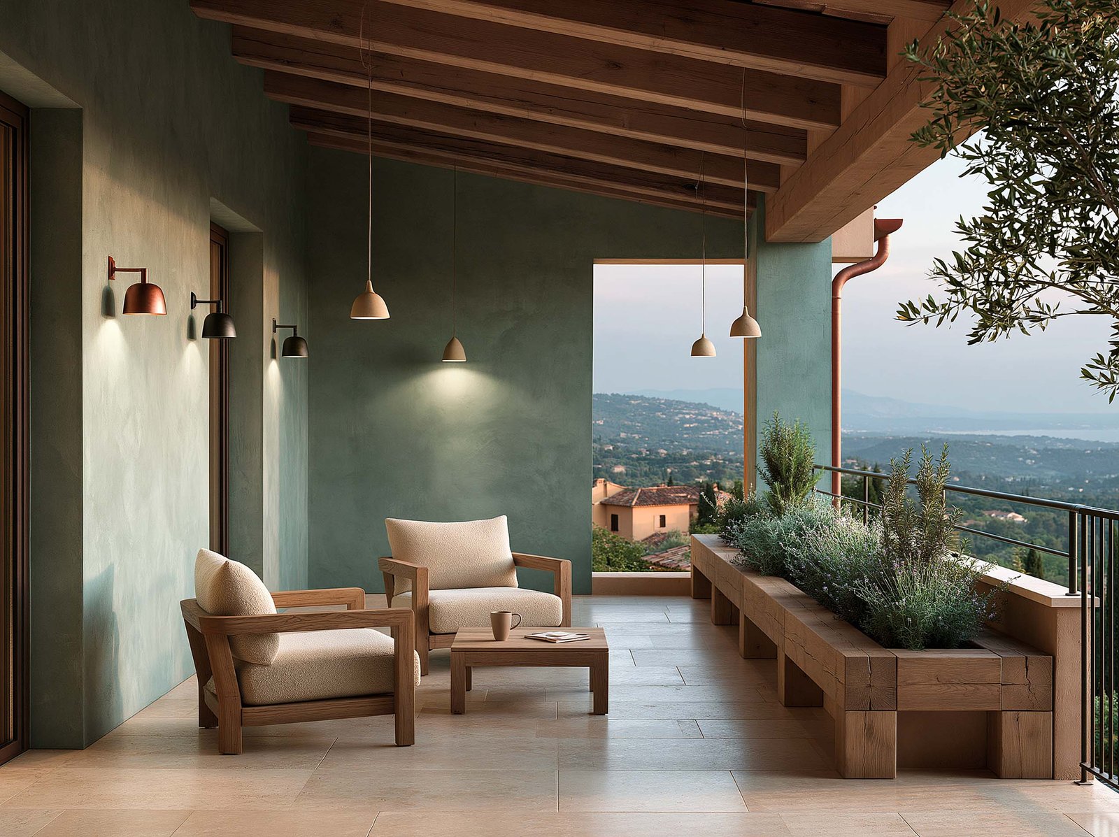 Terrasse thérapeutique sur la Côte d’Azur — plafond en poutres chêne thermotraîté, fauteuils en linen cassé et jardinière de Lavandula angustifolia face aux collines azuréennes