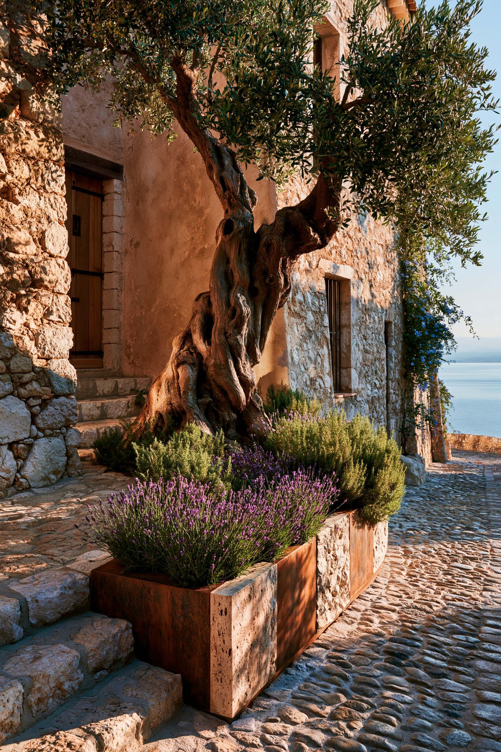 Alchemy Gardens — ruelle de village méditerranéen, olivier centenaire et jardinière Juliet Riviera Classica