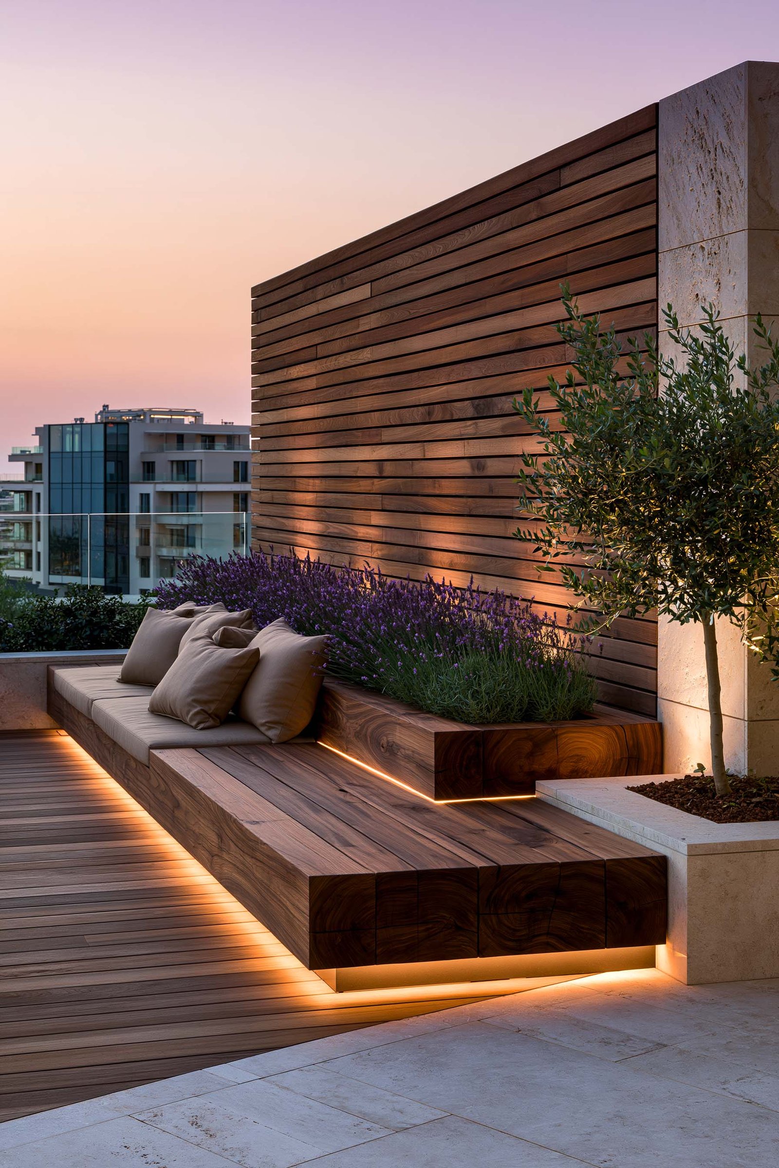 Resort to Home — terrasse résidentielle de Cap-Ferrat au crépuscule, banquette-jardinière Lignum en noyer fumé