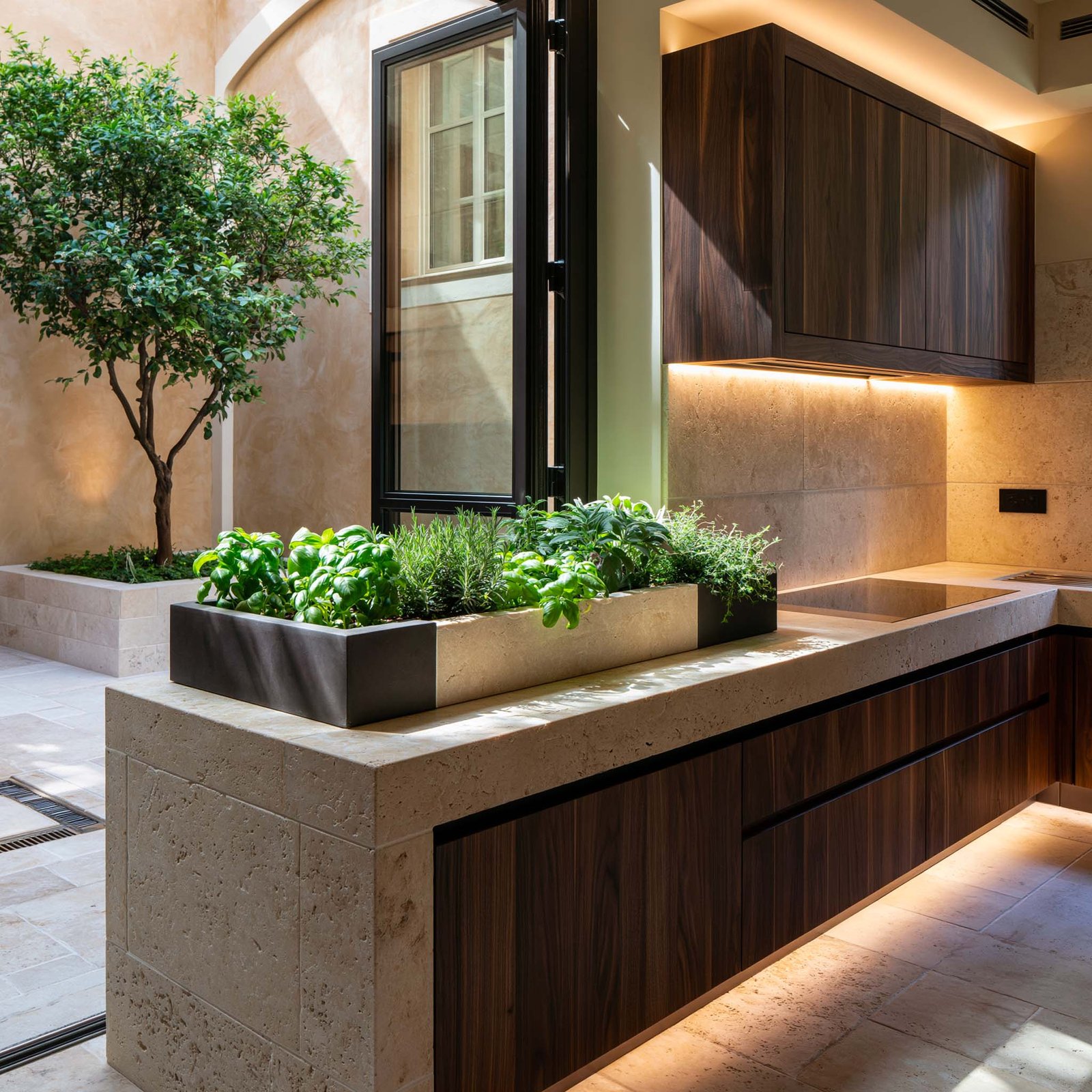 Cuisine ouverte sur cortile méditerranéen — module Apotheca aromatique — Paracelsus Gardens™