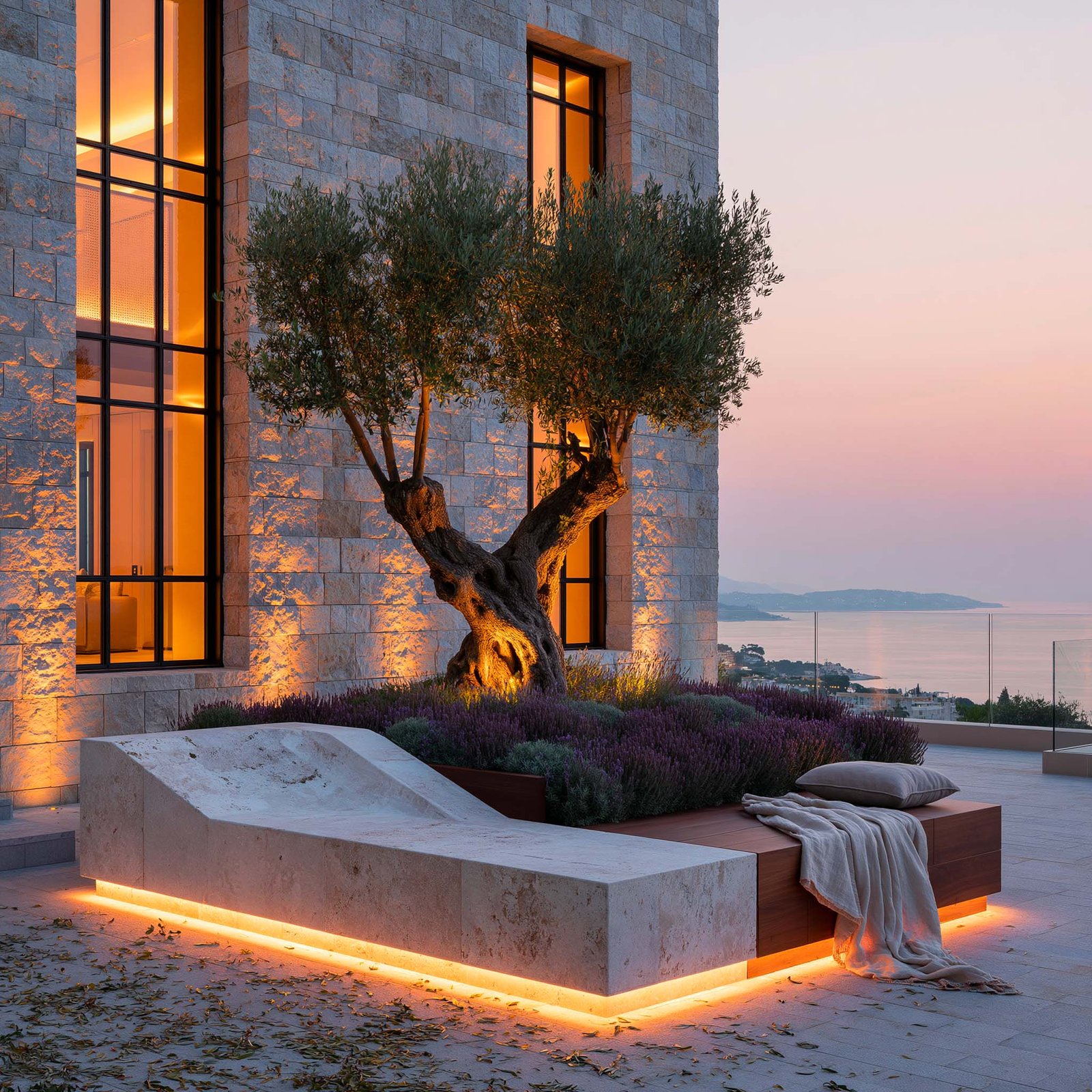 Confort saisonnier — terrasse de Cap-Ferrat au crépuscule, jardinière Lignum Petra — Paracelsus Gardens™