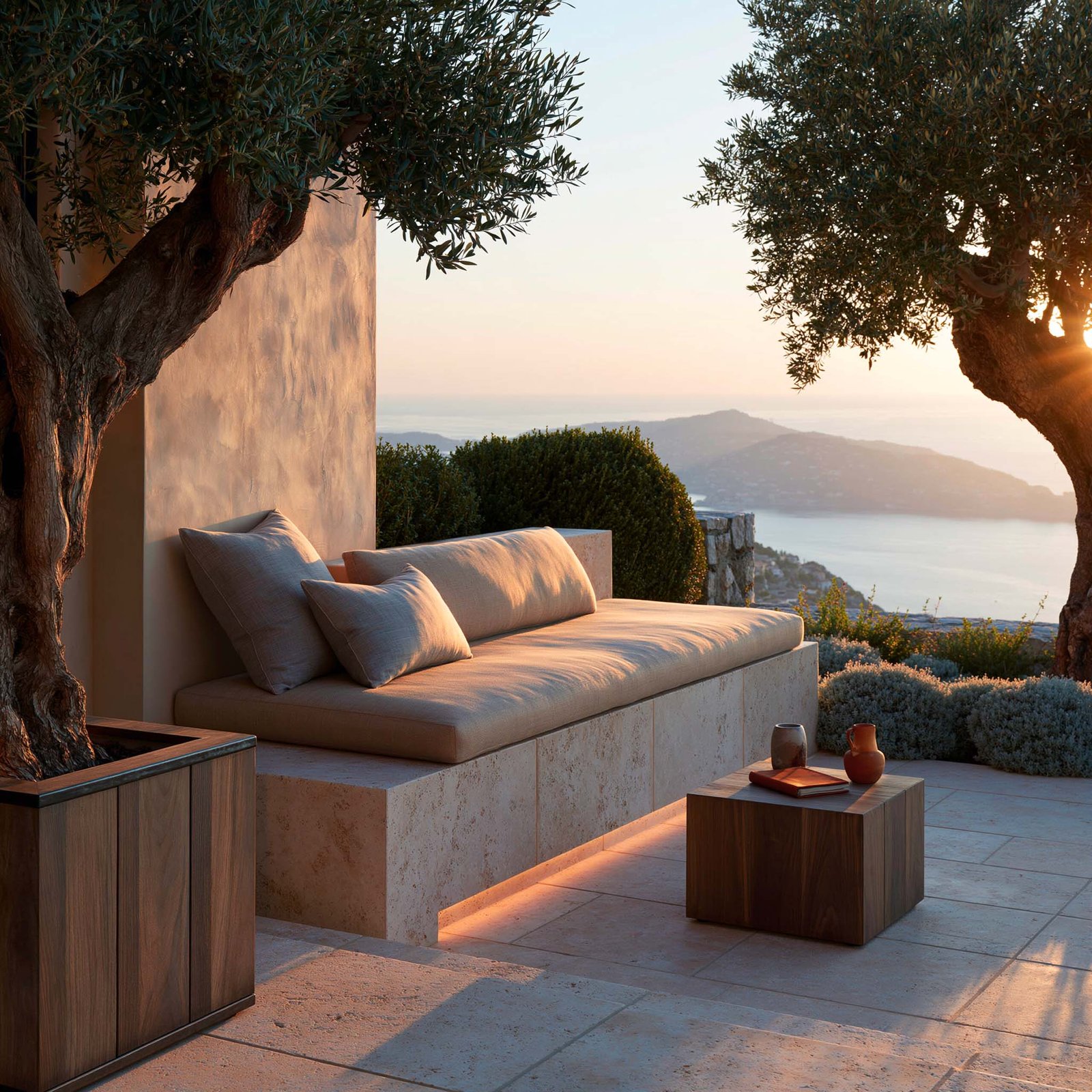 Espaces de vie en Côte d’Azur — villa privée à Èze, banquette intégrée en travertin clair monolithique, oliviers matures et vue sur la mer Méditerranée au coucher du soleil.