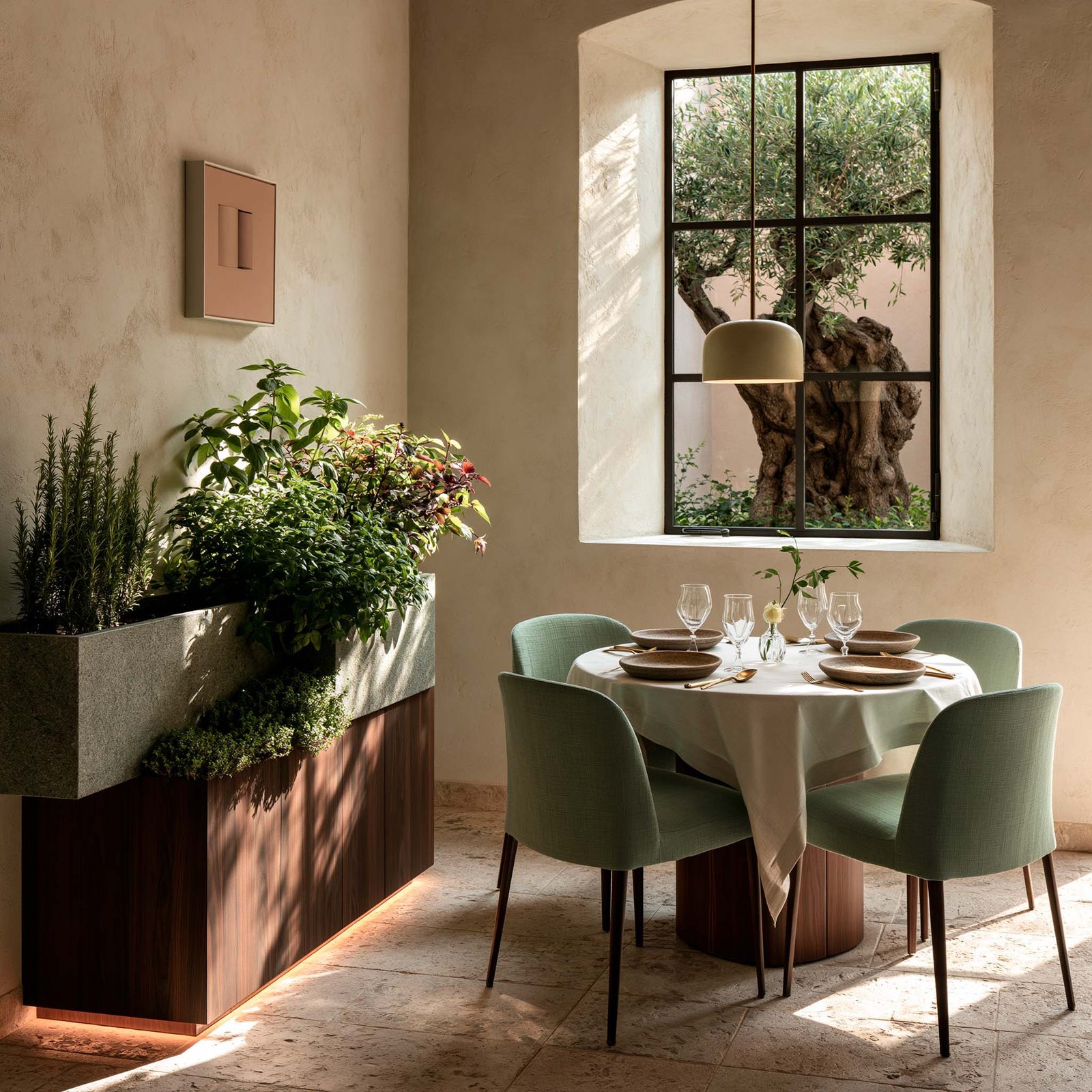 Univers culinaires à Antibes — salle de restaurant contemporain ancrée par une console Apotheca™ en noyer fumé et Pietra Serena portant un bac d’herbes aromatiques harvestables en trois strates, table ronde dressée avec fauteuils en lin sage green.