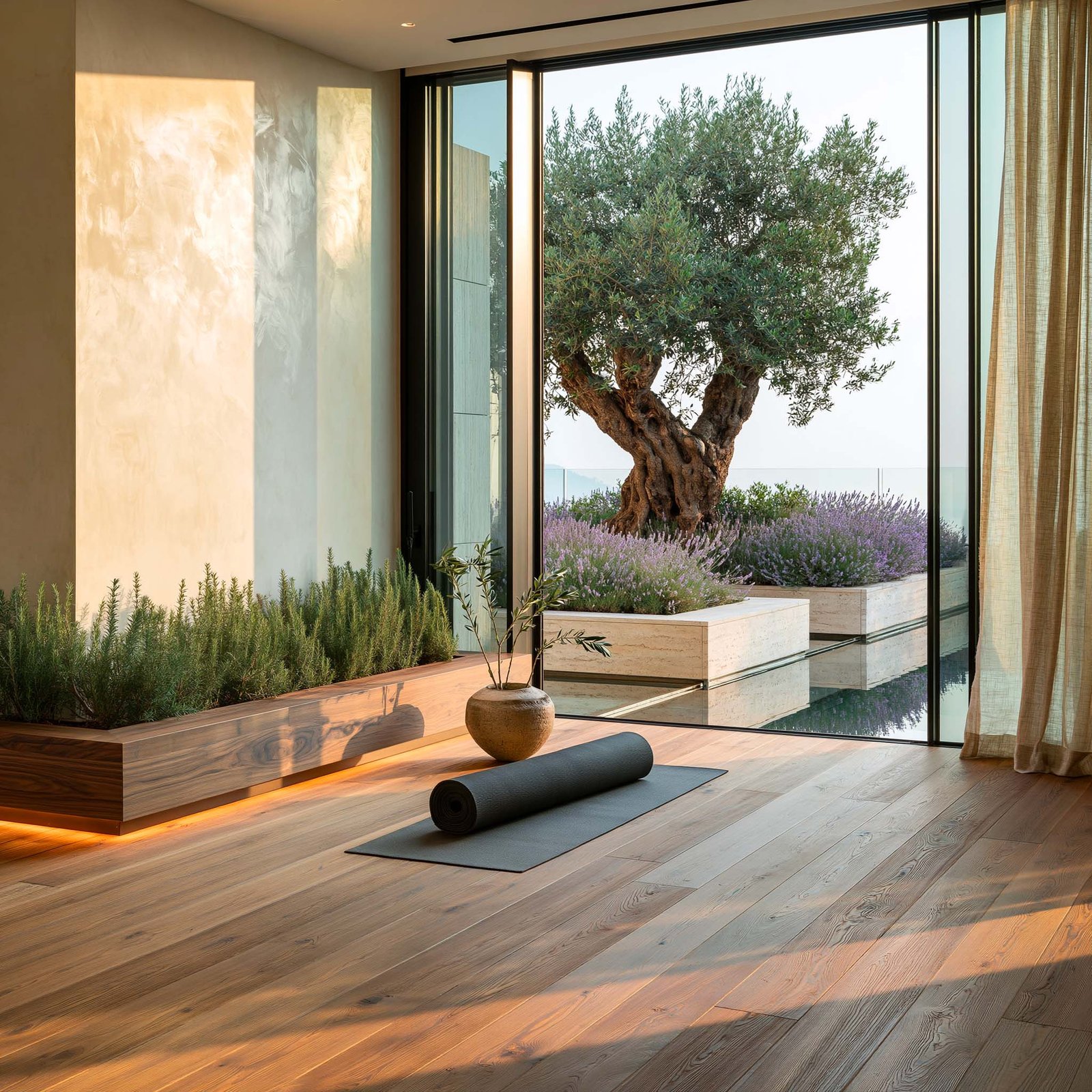 Espaces de bien-être à Cap-Ferrat — studio de méditation d’une villa privée ouvert sur un jardin botanique méditerranéen, sol en chêne thermotraité, jardinière basse de Rosmarinus officinalis le long du mur en stucco lustro, olivier mature et masses de Lavandula angustifolia visibles dans le jardin extérieur.