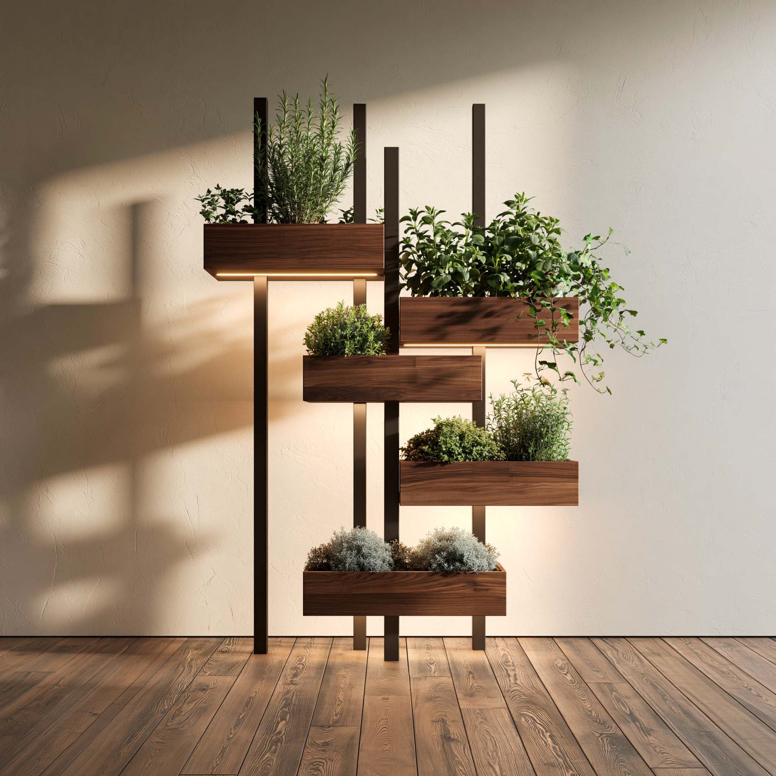 L’Atelier Paracelsus Gardens™ — partition botanique signature Hortus Velum™ présentée comme objet de design, montants verticaux en acier noirci portant trois tablettes monolithiques en noyer fumé avec stratification d’aromatiques méditerranéennes, rétro-éclairage LED 2700K sculptural.
