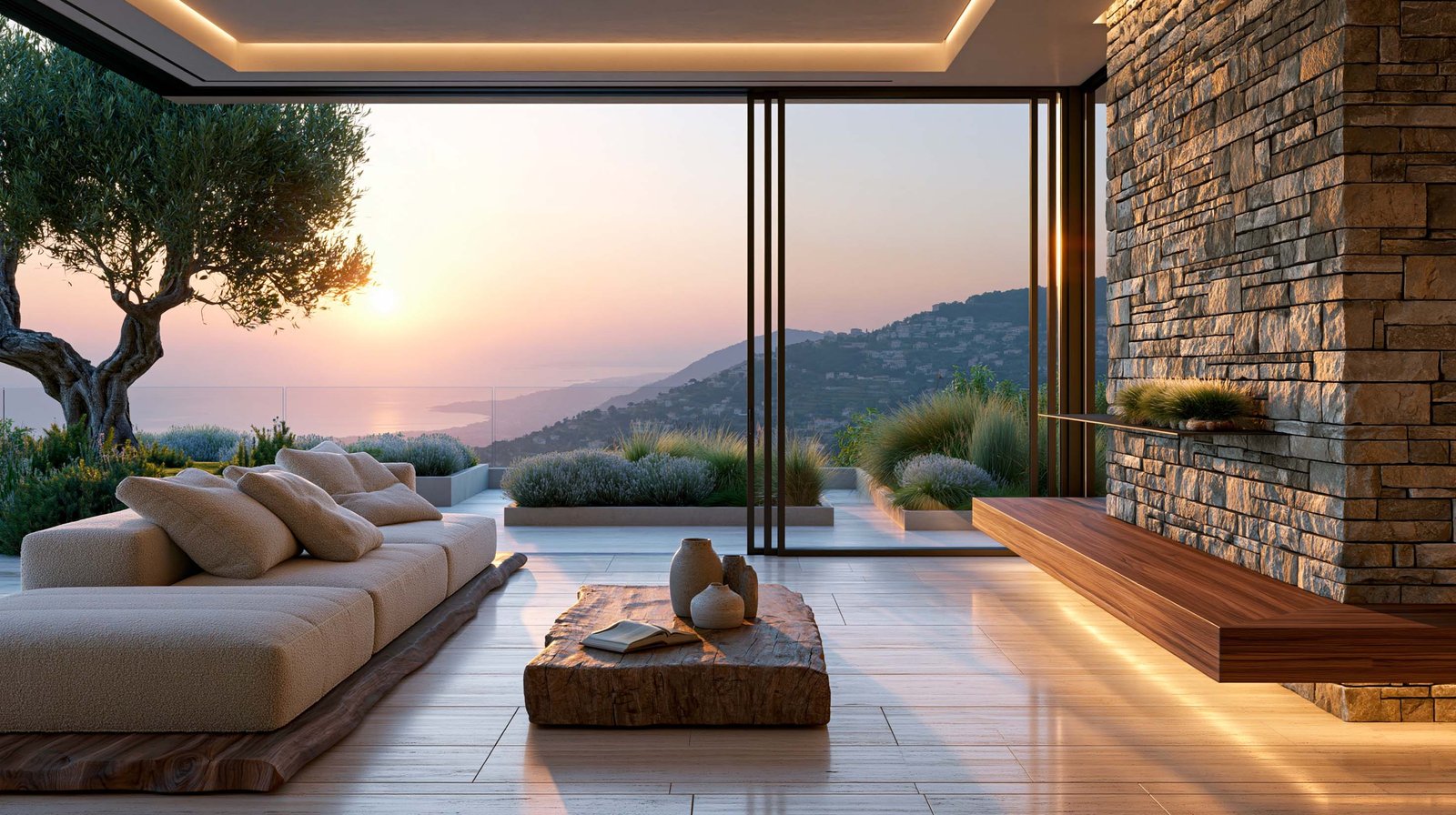 Créations botaniques Côte d’Azur et Monaco — salon ouvert sur terrasse méditerranéenne d’une villa à Èze, vue sur un village perché de l’arrière-pays et la mer.
