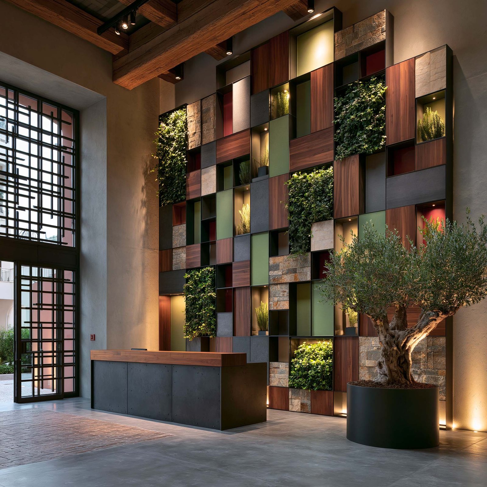 Réception botanique Monaco : Hortus Velum™ Strata en signature lobby