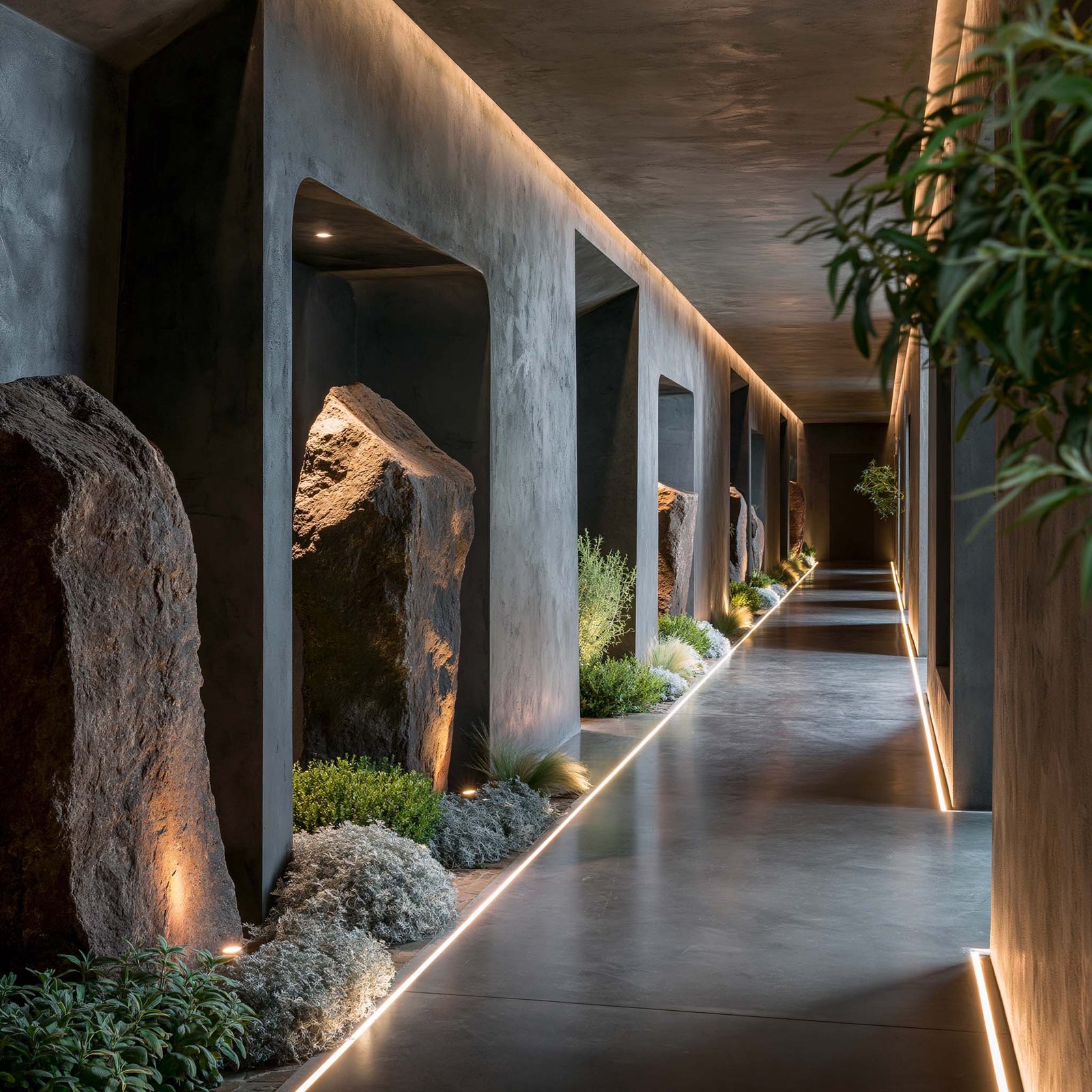 Couloir sensoriel spa : niches micro-béton anthracite et lueur LED indirecte