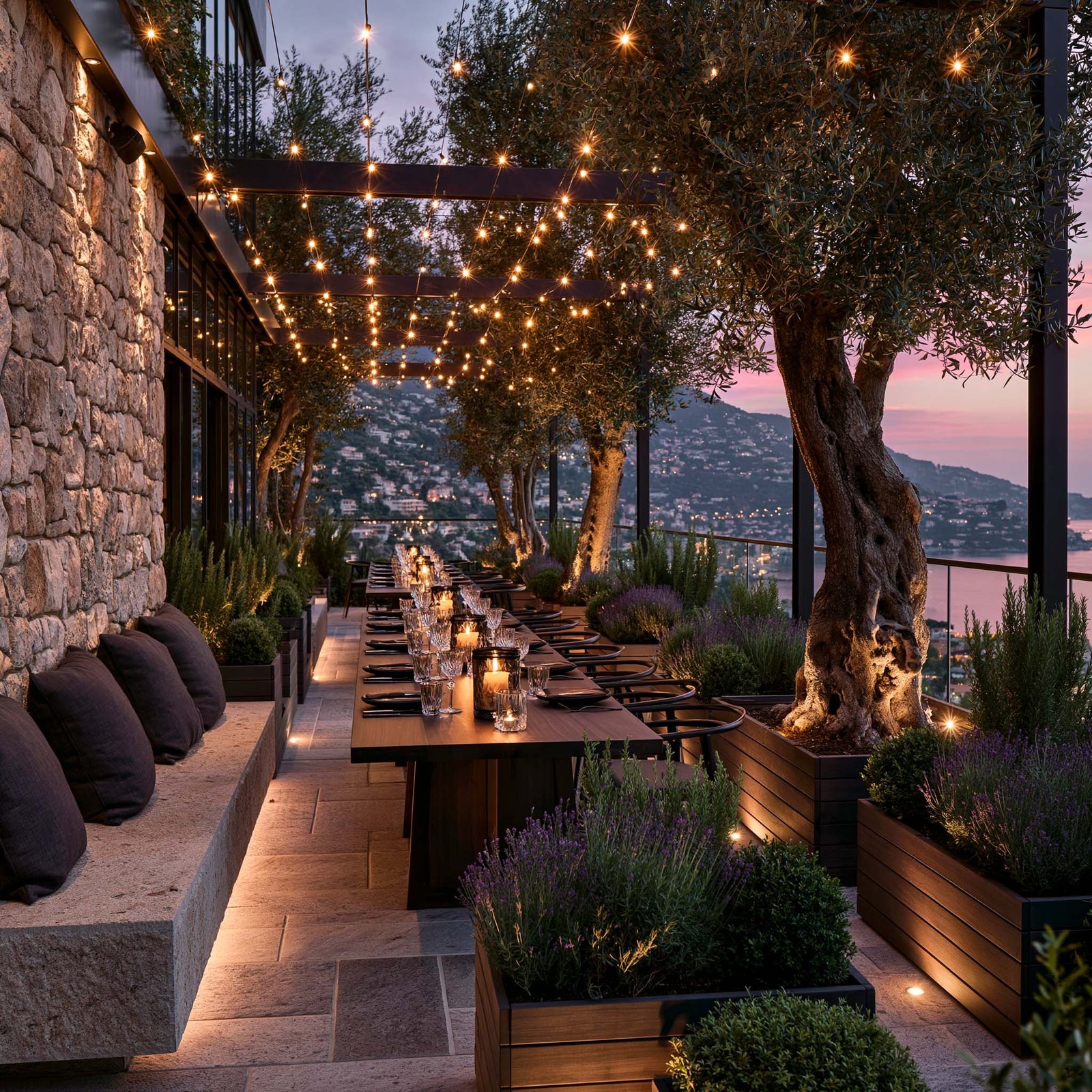 Terrasse de dîner Côte d'Azur : vue mer crépuscule et lavandes