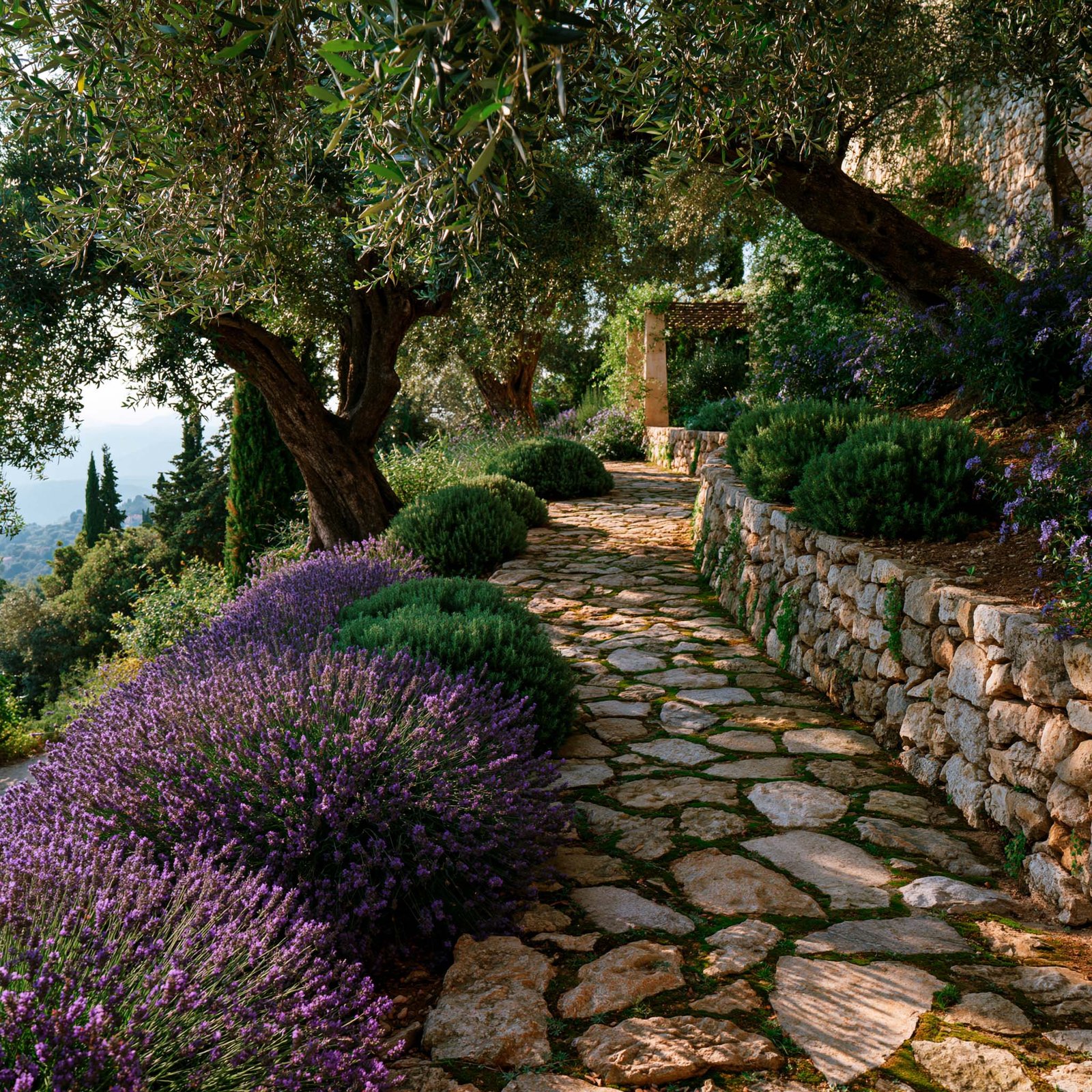 Olfaction — chemin pavé d’une villa à Saint-Paul-de-Vence bordé de masses denses de Lavandula angustifolia en pleine floraison sous le couvert d’oliviers matures, chemin olfactif qui éveille la mémoire.