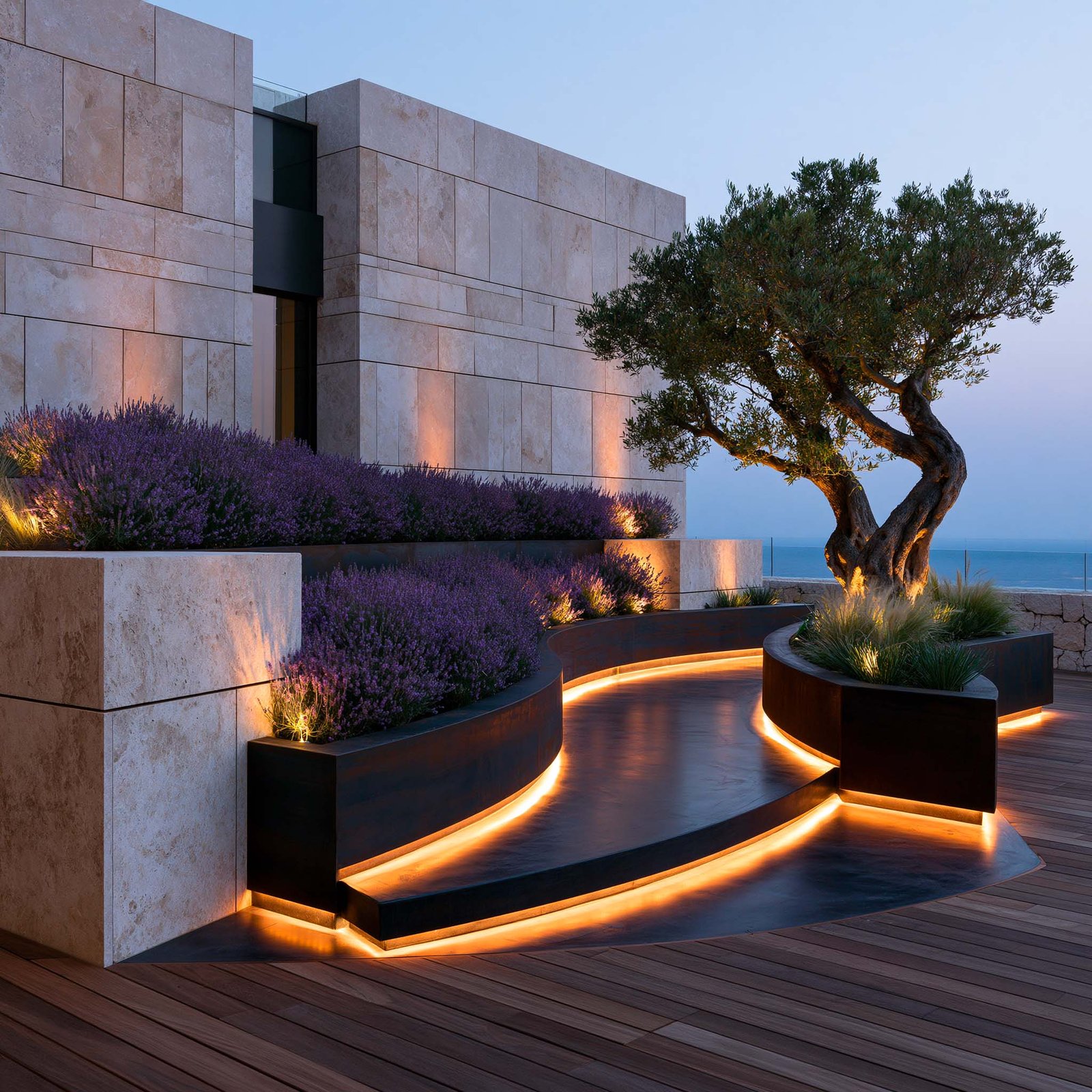 Mouvement — terrasse contemporaine d’une villa à Èze, séquence rythmée de bacs surélevés en acier noirci et Pietra Serena portant des masses de Lavandula angustifolia, rétro-éclairage LED 2700K guidant le parcours au crépuscule.