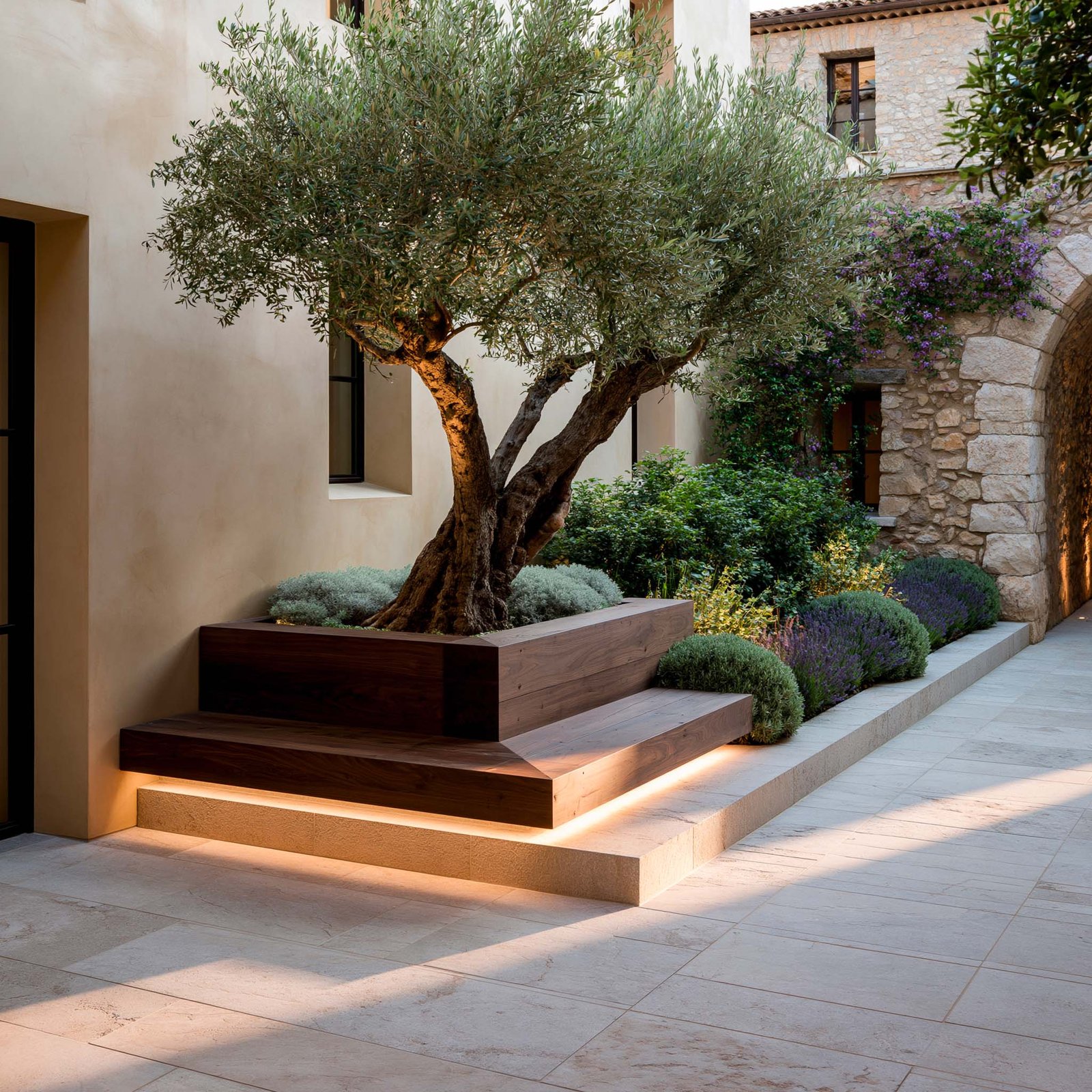 La Terre — Olea europaea centenaire ancré dans une banquette-jardinière Lignum™ Block en noyer fumé, cour contemporaine à Saint-Paul-de-Vence, ancrage et présence minérale Paracelsus Gardens™