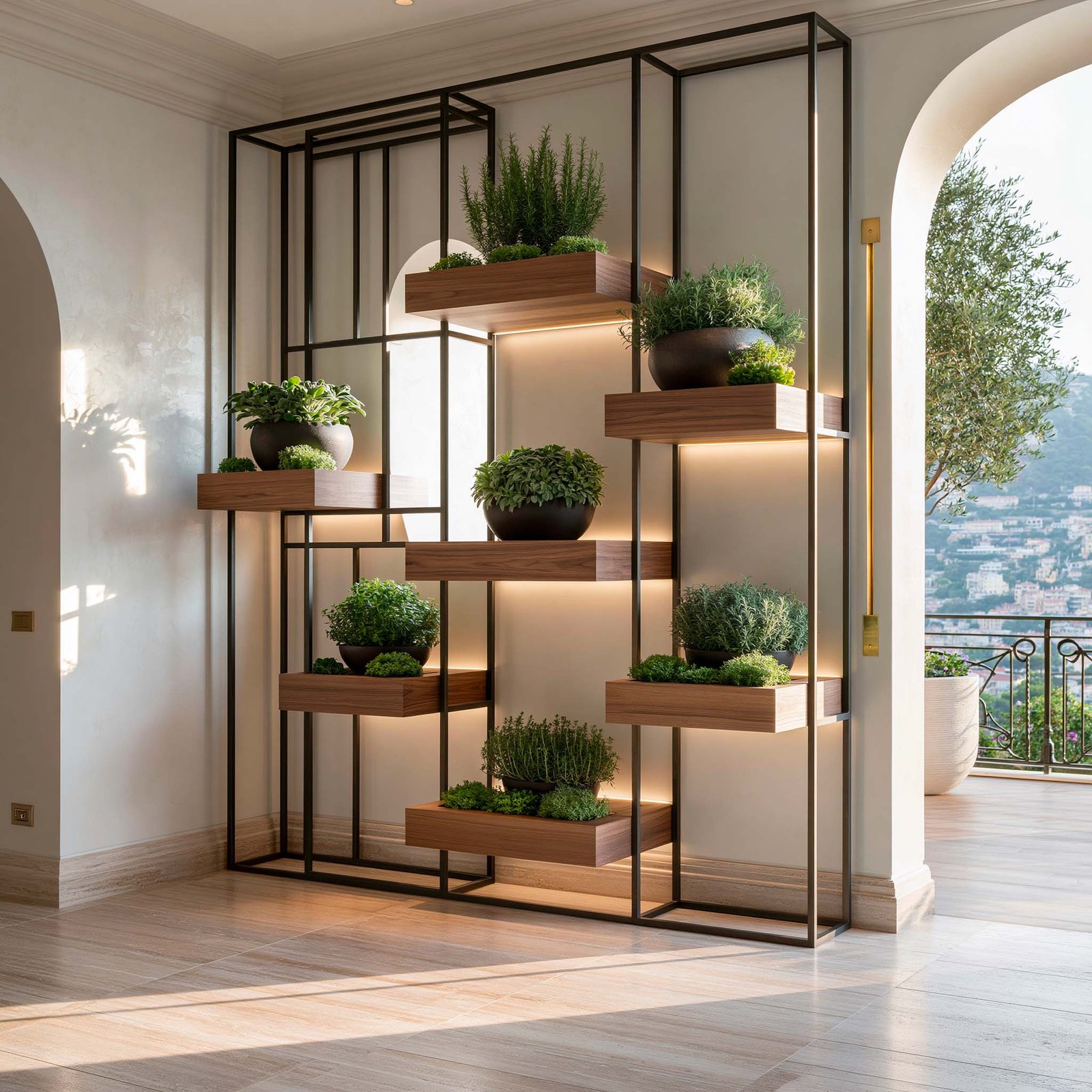 Système vivant — installation Hortus Velum™ Strata en noyer fumé et acier noirci avec aromatiques et plantes en topiaire, séjour contemporain à Beaulieu-sur-Mer, Paracelsus Gardens™
