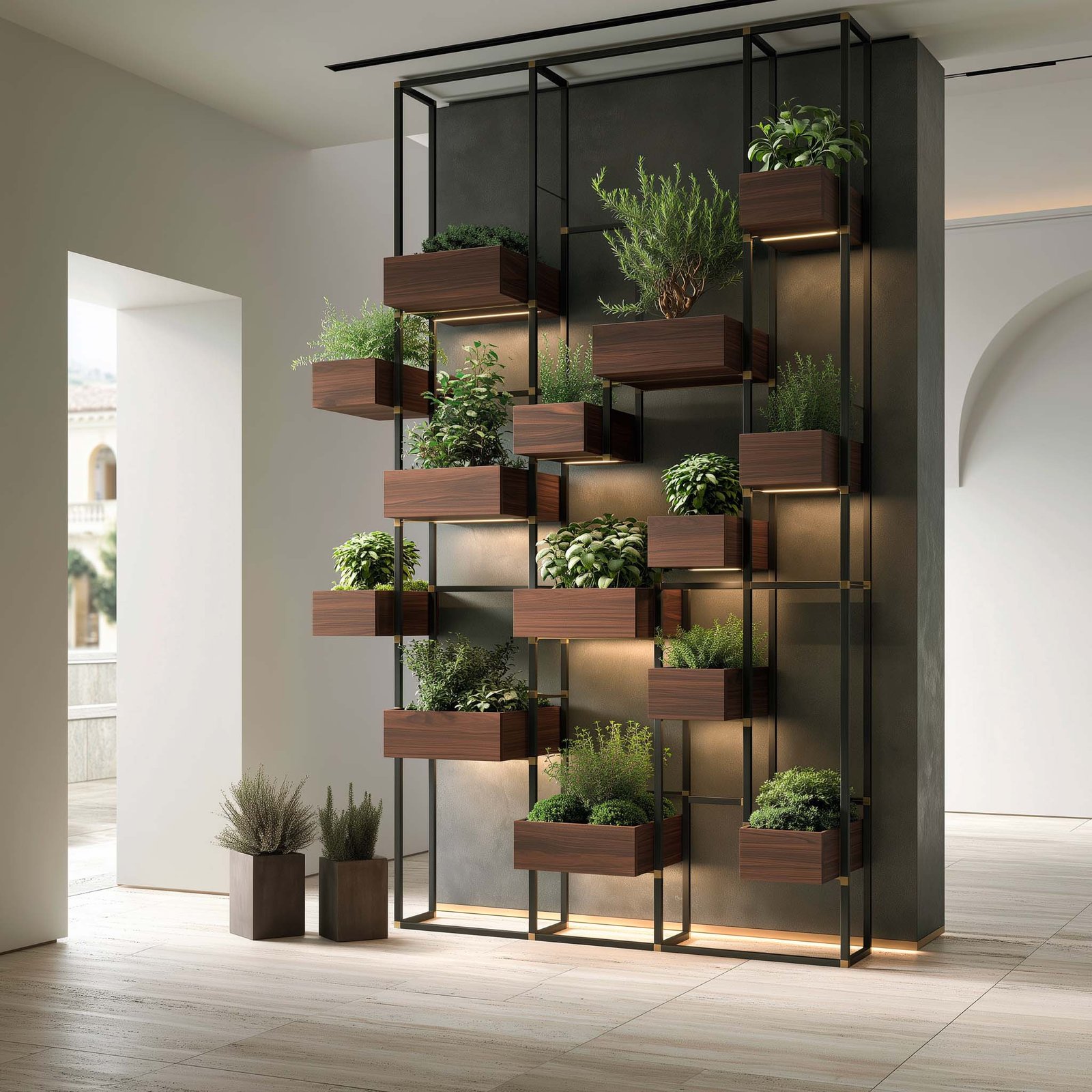 Échelle humaine — partition Hortus Velum™ Strata noyer fumé et acier noirci dans un séjour à Beaulieu-sur-Mer, mesure du corps et du regard, Paracelsus Gardens™
