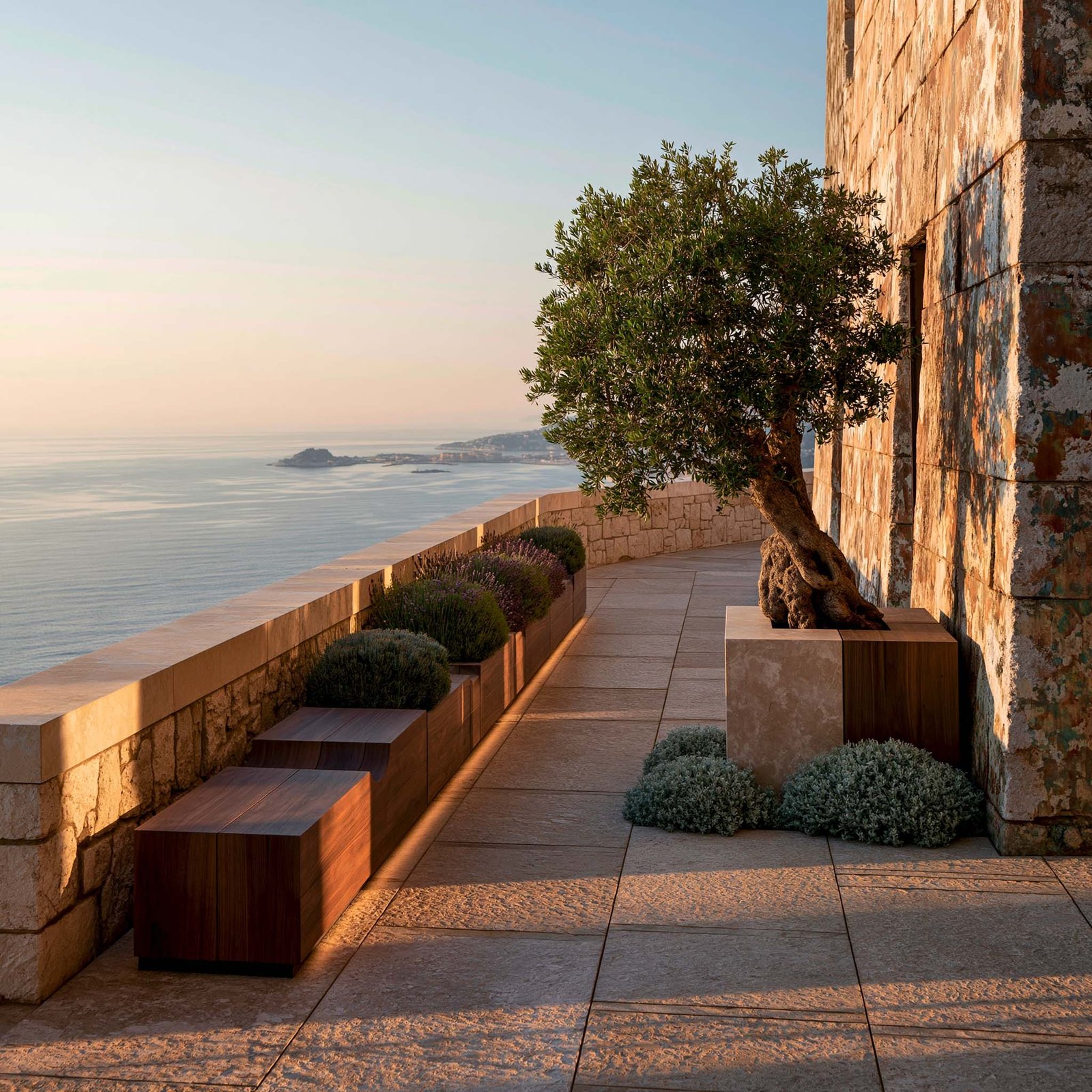 Temporalité — terrasse en travertin clair face à la Méditerranée à Cap-Ferrat, Olea europaea en bac Pietra Serena et lavandes, équilibre évolutif Paracelsus Gardens™