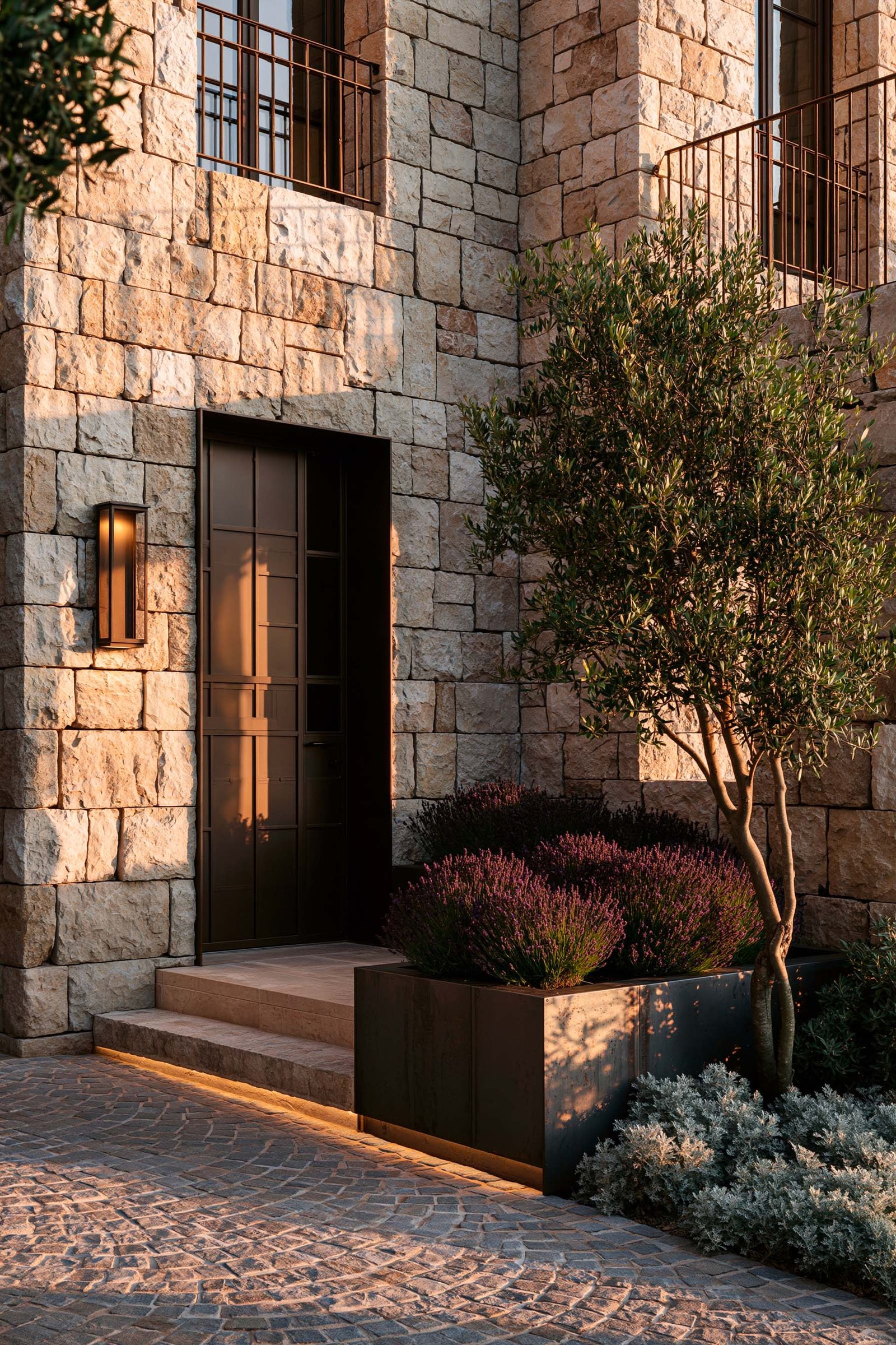 Chapitre 01 Lire un lieu — façade en Pietra Serena à Èze, bac Acciaio Brunito et balustrade Juliet™ Riviera Classica en laiton brossé, Olea europaea et Lavandula angustifolia, lecture première de l’espace Paracelsus Gardens™