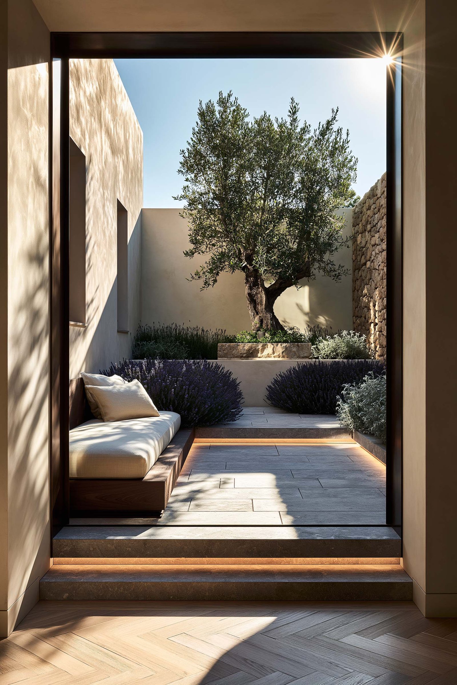 Chapitre 03 Thèmes architecturaux — seuil bronze foncé et alcôve-banquette Lignum™ Block en noyer fumé ouvrant sur un patio en Pietra Serena à Saint-Paul-de-Vence, Olea europaea et lavandes, Paracelsus Gardens™