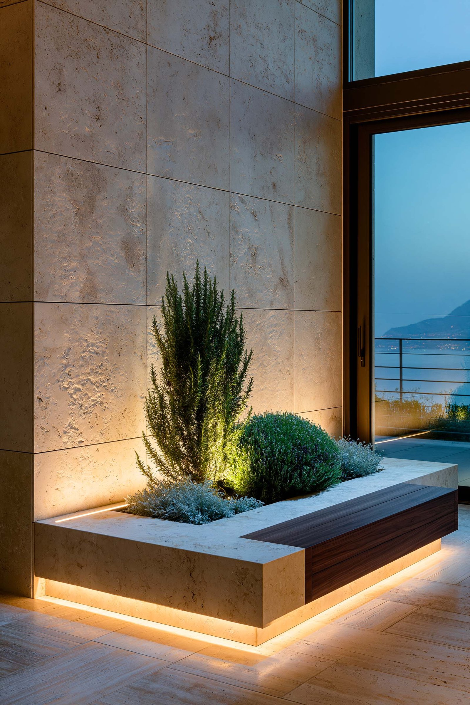 Chapitre 05 Matières, lumière & atmosphères — vestibule à Roquebrune-Cap-Martin, monolithe Lignum™ Petra en travertin et noyer fumé sous LED 2700K cachée, Rosmarinus officinalis sculptural et Lavandula angustifolia, Paracelsus Gardens™