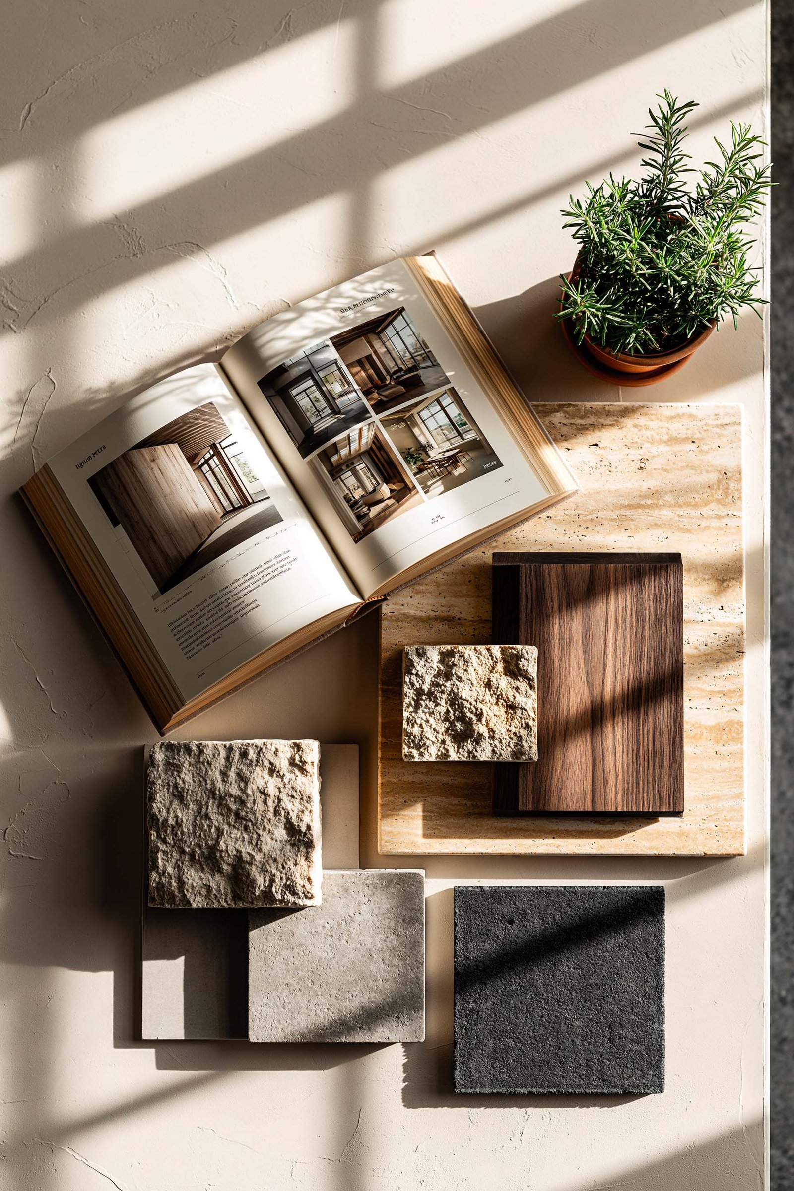Chapitre 06 Extensions éditoriales — planche de matières en atelier, échantillons Pietra Serena, noyer fumé, micro-béton anthracite, livre ouvert et Rosmarinus officinalis, Paracelsus Gardens™