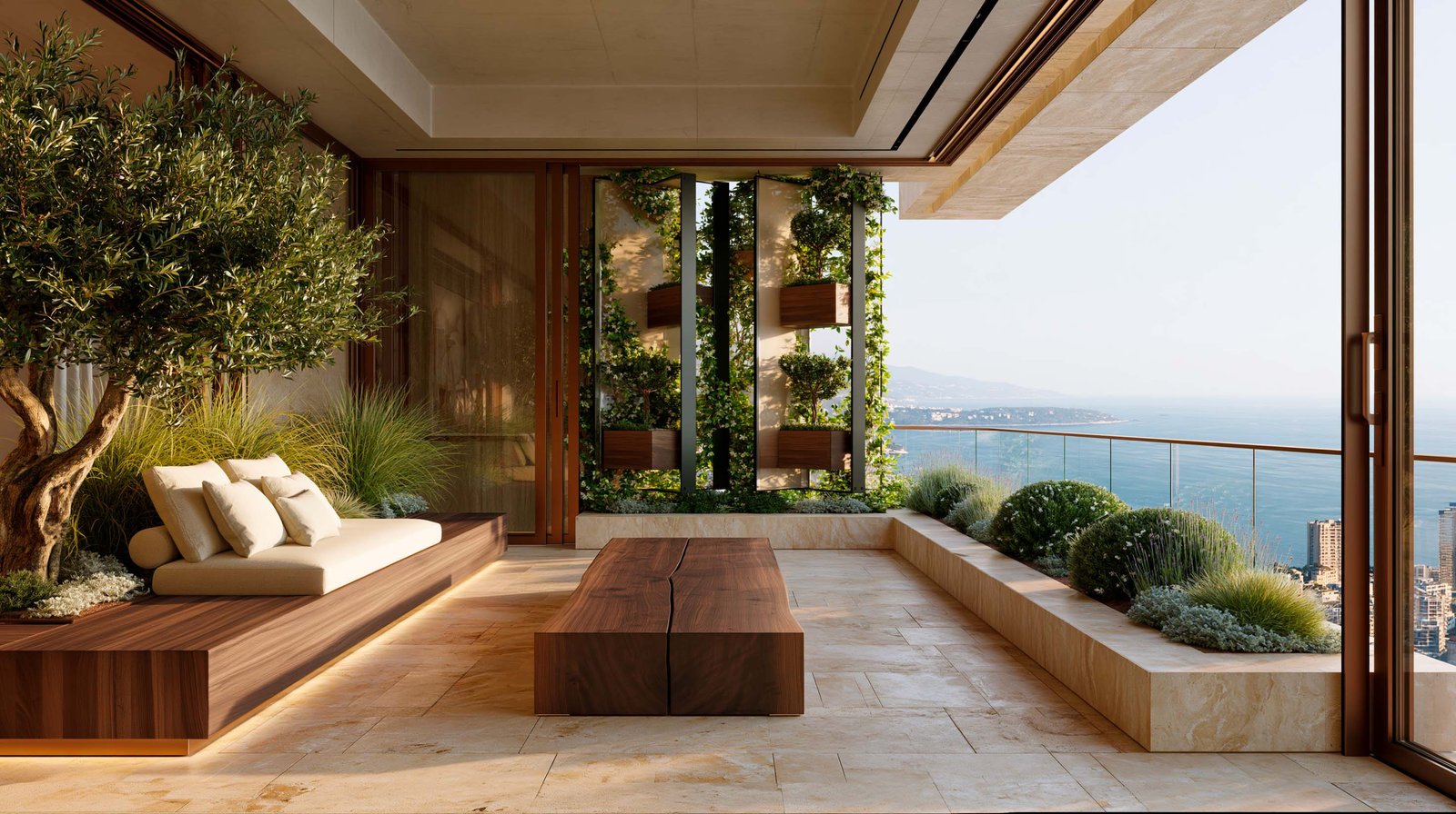 Penthouse sur les hauteurs de Monaco face à la Principauté et à la Méditerranée, table et banquette Lignum™ Block en noyer fumé, partition Hortus Velum™ Arcana en acier noirci, transition intérieur-extérieur, langage du Lookbook Paracelsus Gardens™