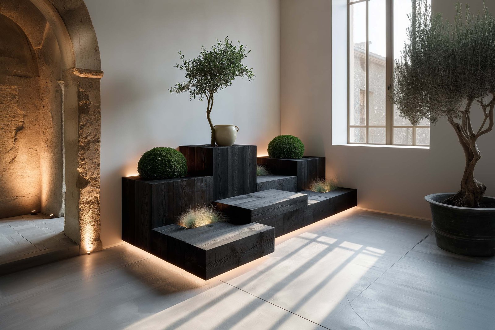 Palette limitée — plateau-banquette Lignum™ en chêne brûlé shou sugi ban avec Buxus sempervirens et Olea europaea, atelier contemporain à Tourrettes-sur-Loup, retenue chromatique Paracelsus Gardens™