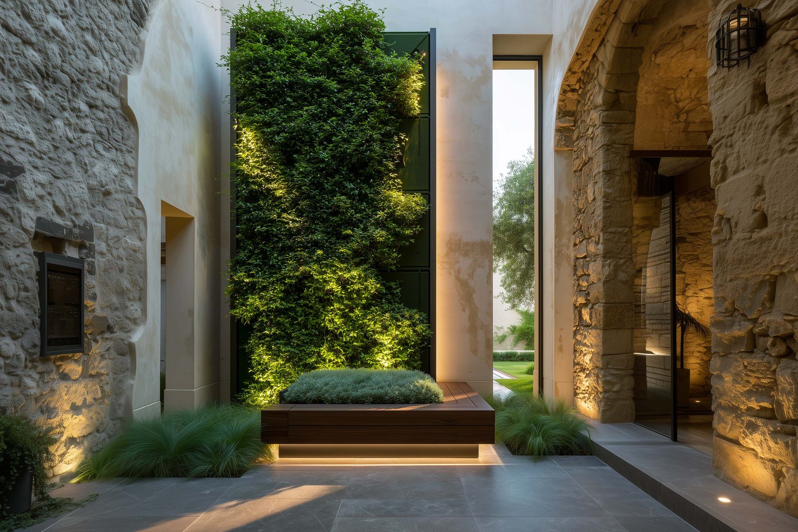 Clarté plutôt que bruit — partition Hortus Velum™ Strata végétale adossée à un bac Lignum™ Block en noyer fumé, cour intérieure contemporaine à Saint-Paul-de-Vence, Paracelsus Gardens™