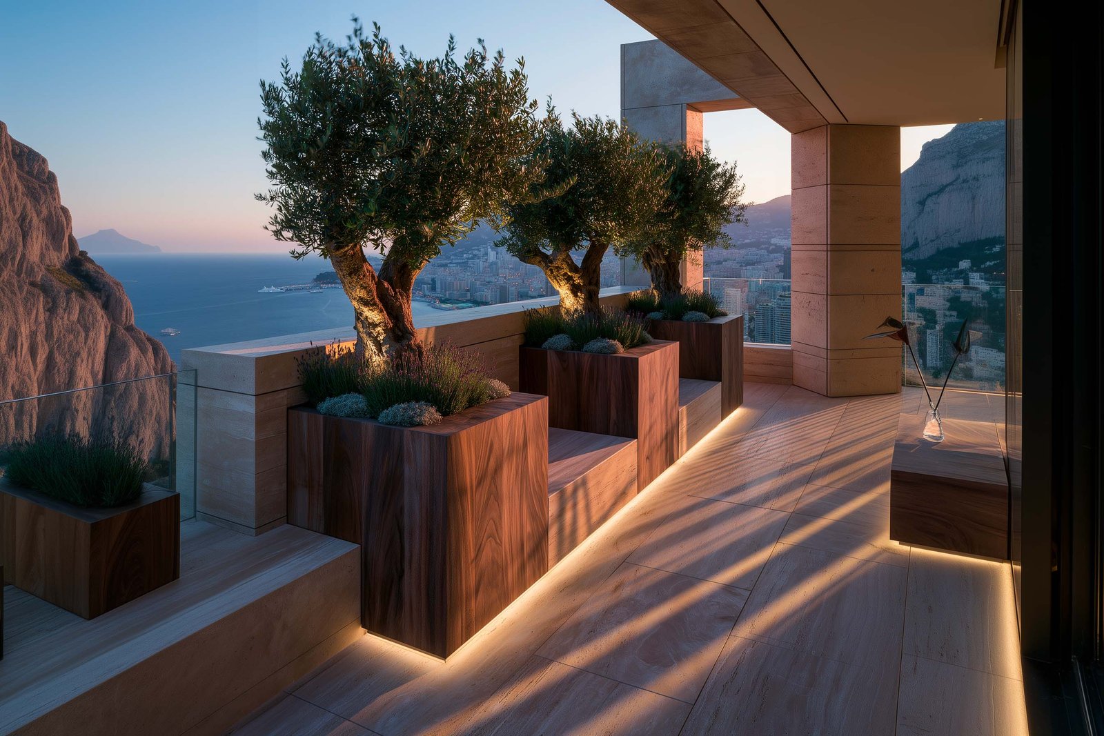 Cohérence dans le temps — succession de bacs Lignum™ Block en noyer fumé avec Olea europaea, Lavandula angustifolia et Helichrysum italicum, terrasse haute à Monaco au lever du jour, Paracelsus Gardens™