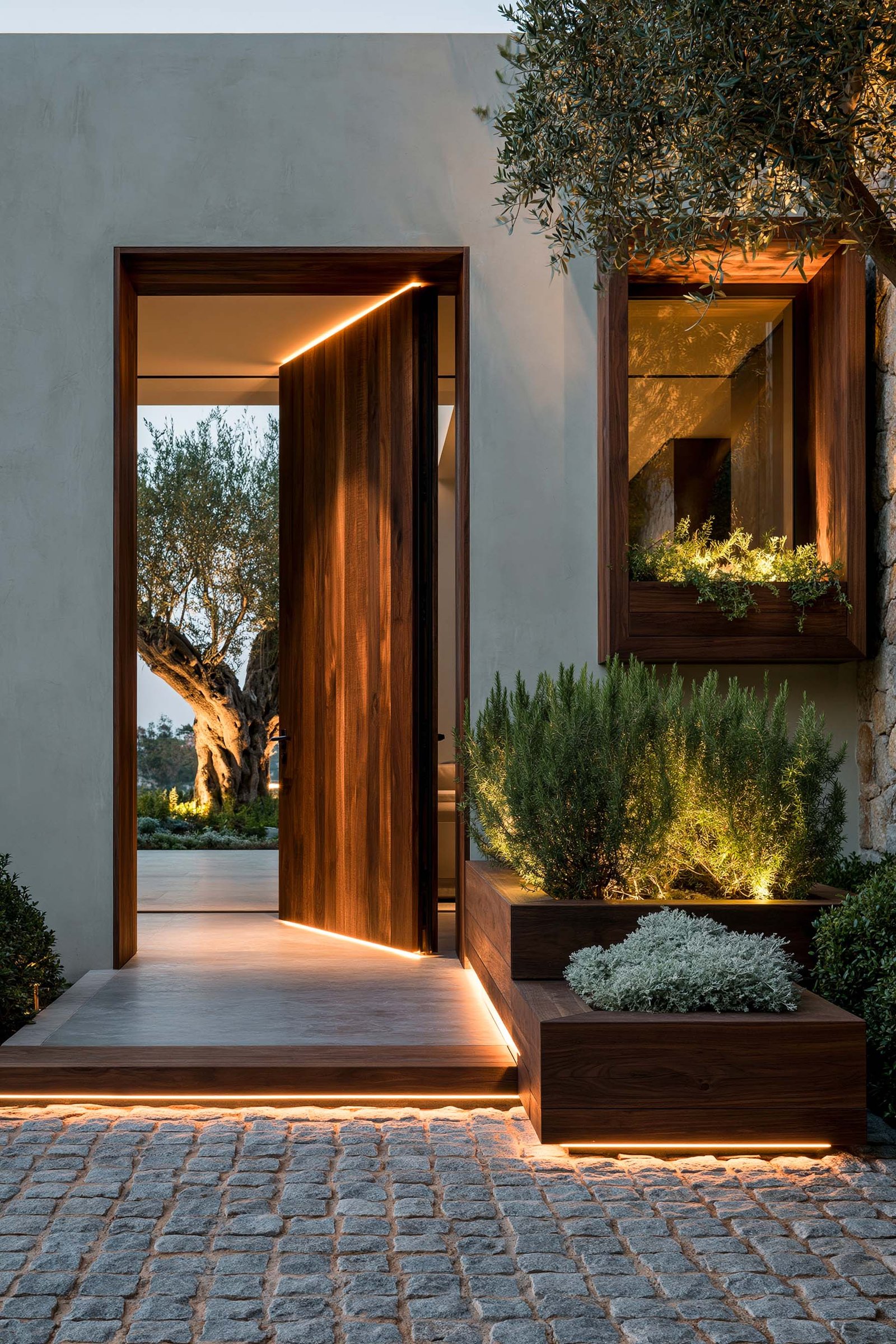 Seuil extérieur d’une villa contemporaine à Antibes au crépuscule, porte pivotante en noyer fumé entrouverte révélant un Olea europaea adulte dans la cour intérieure, niche-jardinière en noyer fumé portant aromatiques sous LED 2700K, Rosmarinus officinalis dense et Santolina chamaecyparissus en pied de mur, pavés cobblestone gris, Paracelsus Gardens™
