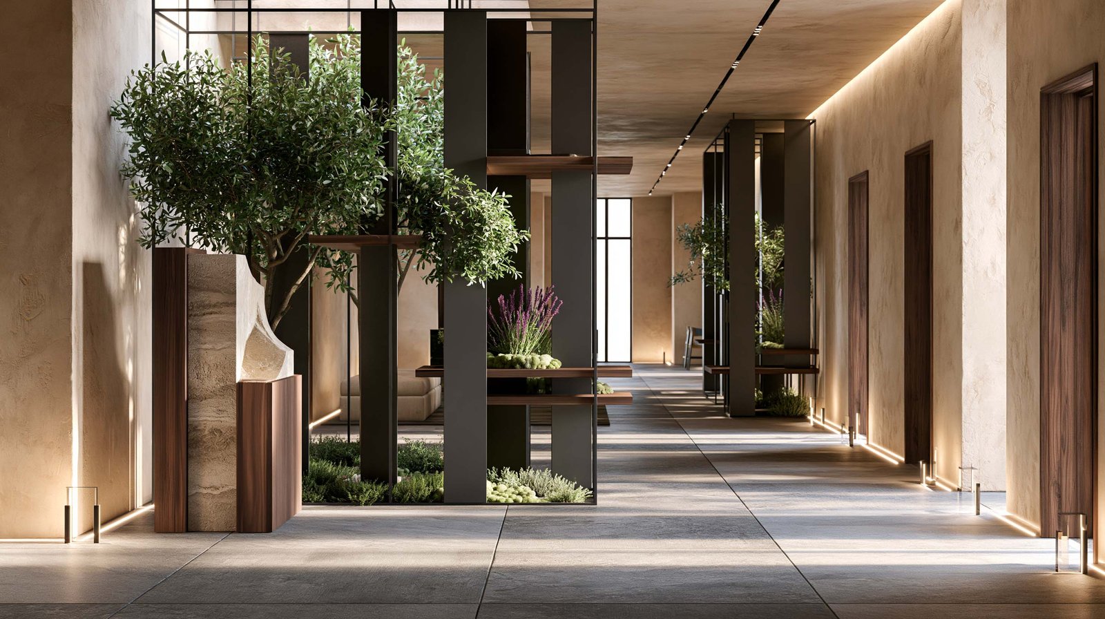 Enfilade intérieure à Saint-Paul-de-Vence, murs en stucco lustro ocre patiné et sols en micro-béton clair, partition Hortus Velum™ Arcana en Acciaio Brunito et planter Lignum™ Petra à âme travertin et placage noyer fumé portant un Laurus nobilis en topiaire colonne, perspective vers une seconde signature au fond du couloir, LED 2700K cachée, Paracelsus Gardens™
