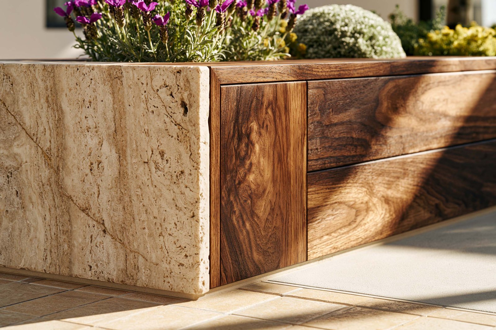 Révélation des matières — détail rapproché dans un atelier-showroom au Cap-Ferrat en fin de matinée, plan serré sur l’angle d’un planter Lignum™ Petra où le travertin clair texturé brut rencontre le placage noyer fumé richement veiné, Lavandula stoechas en floraison violette, Helichrysum italicum en touffe argentée et Santolina chamaecyparissus jaune en accent, raking light dur révélant le veinage du bois et les ombres botaniques, sol en travertin clair à grandes dalles, Paracelsus Gardens™