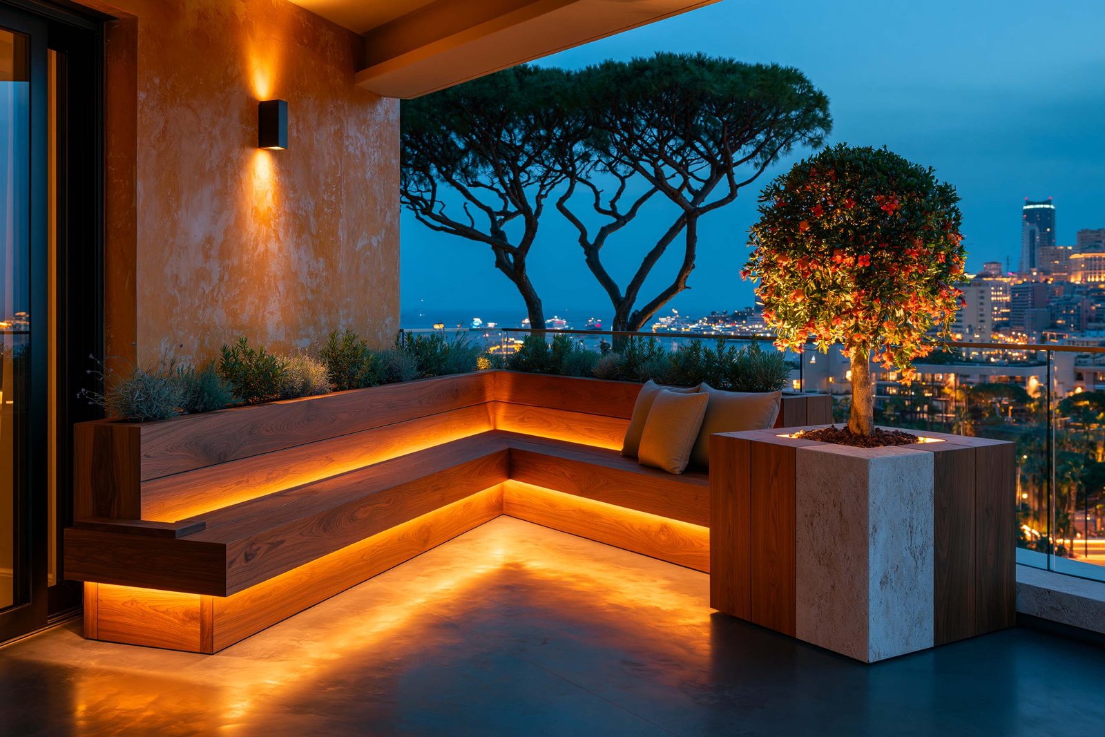 Lueur chaude du soir — balcon penthouse à Monaco au crépuscule blue hour, banc Lignum™ Block en L en noyer fumé sous LED 2700K cachée linéaire continue, Punica granatum en topiaire boule à floraison orange-rouge dans un planter Lignum™ Petra à âme travertin clair, Lavandula angustifolia et Helichrysum italicum en pied de banc, mur stucco lustro ocre patiné, sol en micro-béton anthracite, silhouettes de Pinus pinea en pins parasols sur la ligne d’horizon urbain de Monaco illuminé, Paracelsus Gardens™