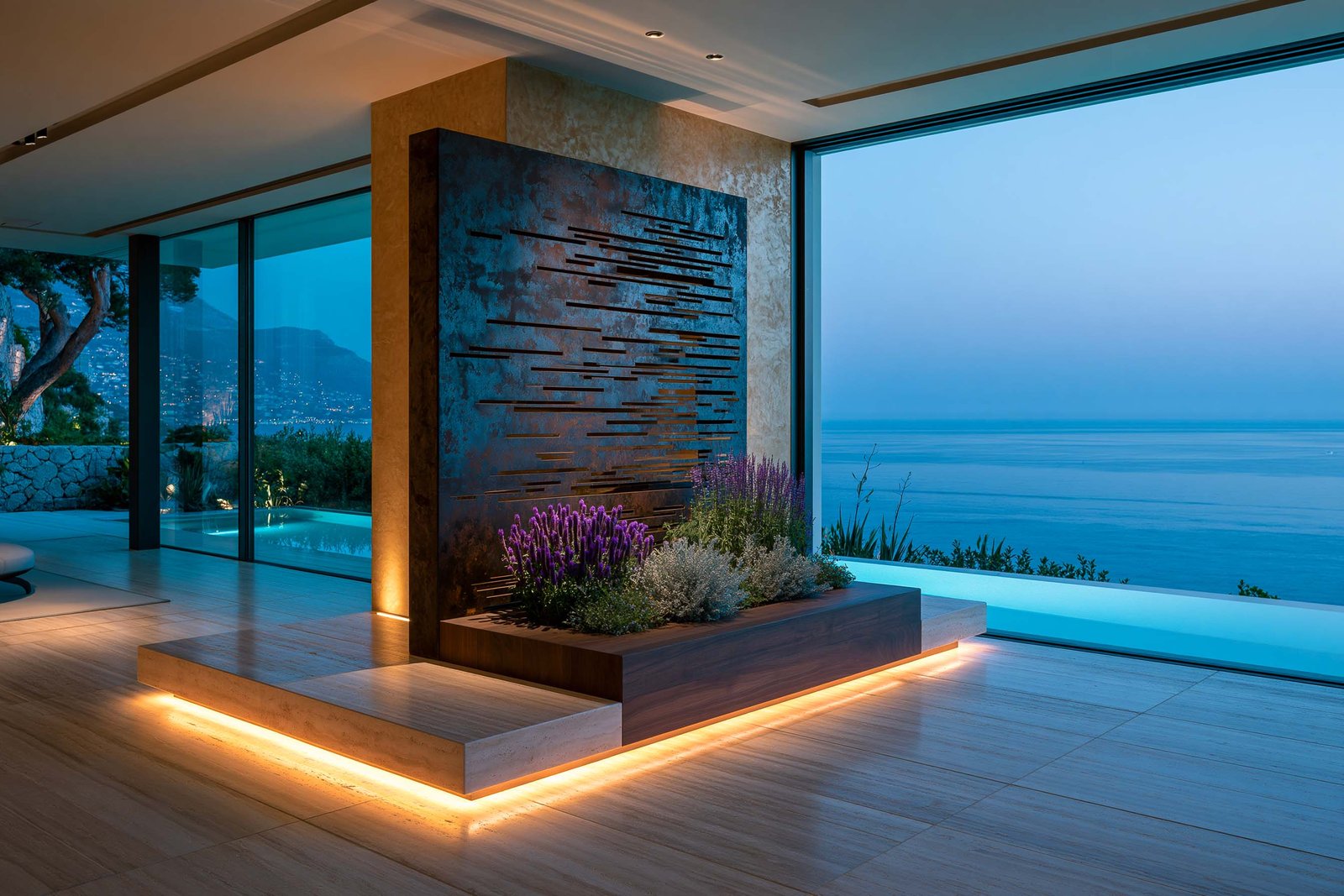 Profondeur du soir — living room d’une villa contemporaine au Cap-Ferrat au crépuscule blue hour, partition Hortus Velum™ Strata en Acciaio Brunito patiné à motif horizontal stratifié cadrée dans un encadrement travertin clair, planter Lignum™ Block en noyer fumé au pied portant Salvia leucantha en épis violets et Westringia fruticosa en masse silver-grey, baies vitrées de part et d’autre ouvrant sur la Méditerranée au crépuscule et un miroir d’eau extérieur, sol travertin clair, LED 2700K cachée ambre, Paracelsus Gardens™